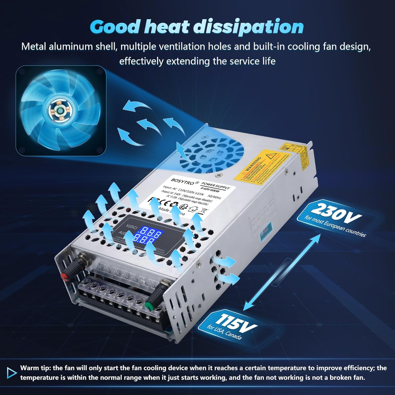 BOSYTRO Fuente de alimentación de CC ajustable de 60 V, 600 W, fuente de alimentación conmutada CA 110V220V a CC 0-60V DC Convertidor con pantalla