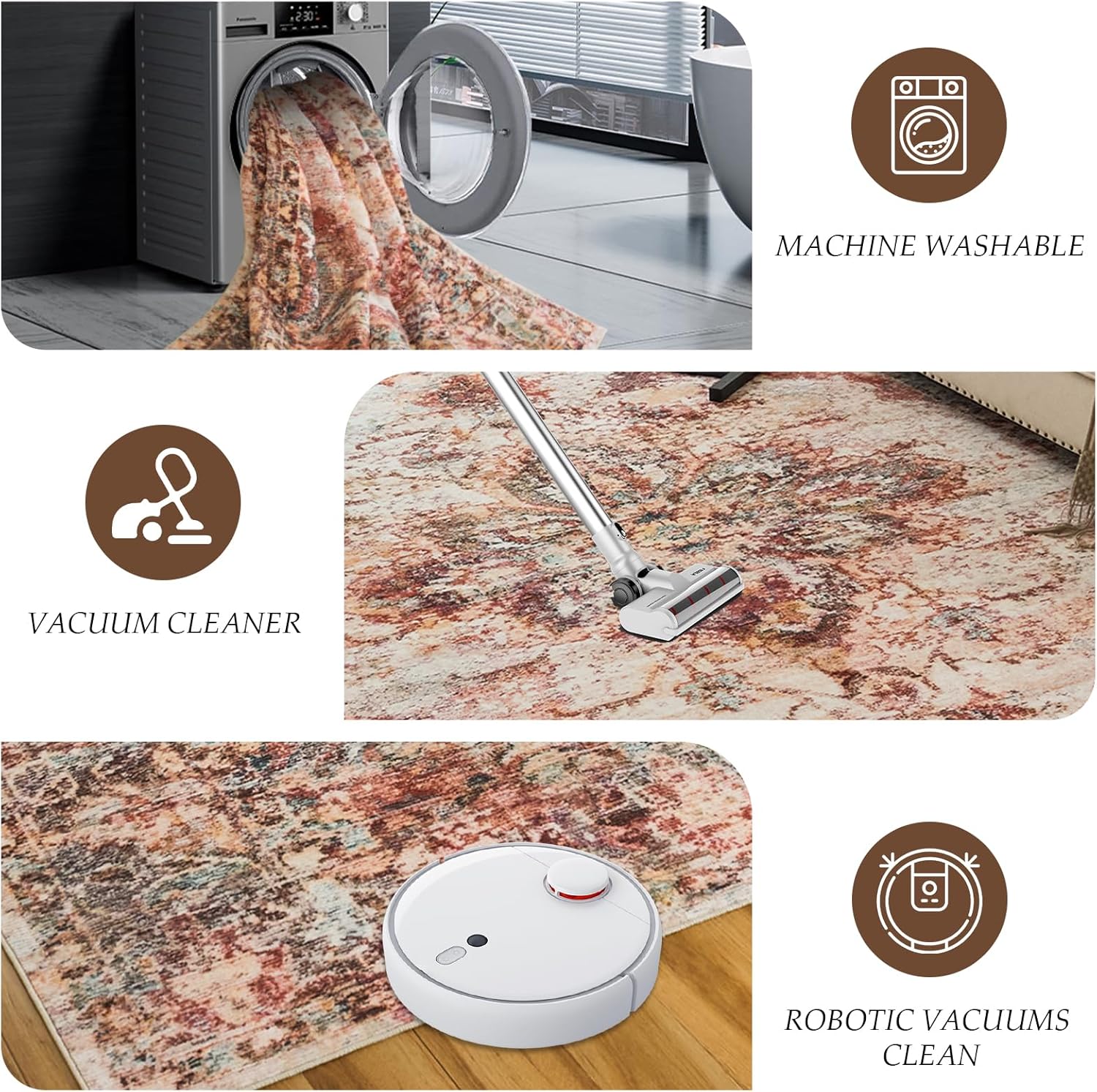 VKLIVING Alfombra vintage lavable de 5 x 7 pies, de pelo bajo, estilo bohemio, ligera, lavable a máquina, resistente a las manchas, antideslizante,