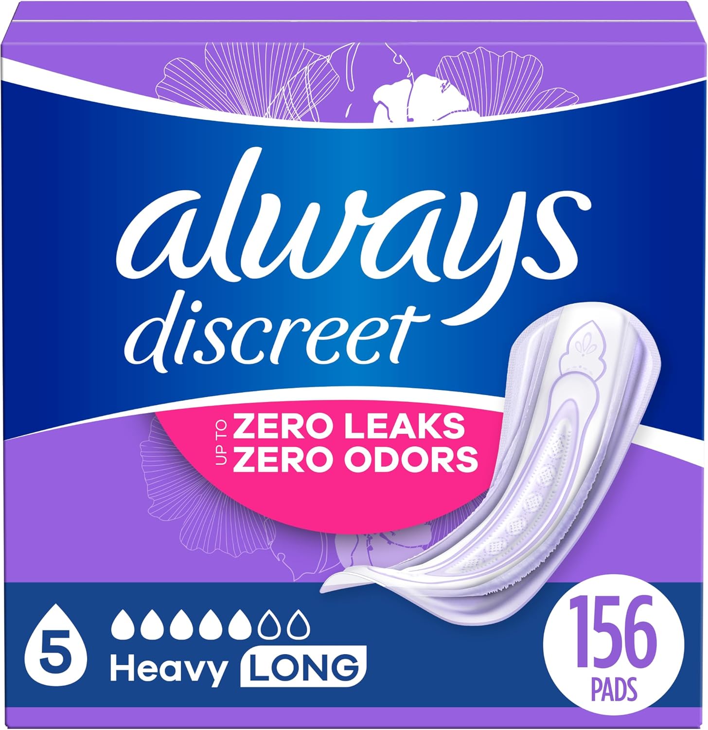 Always Discreet Almohadillas para incontinencia adultas para mujeres y almohadillas posparto, pesadas y largas, 156 unidades, hasta un 100% de