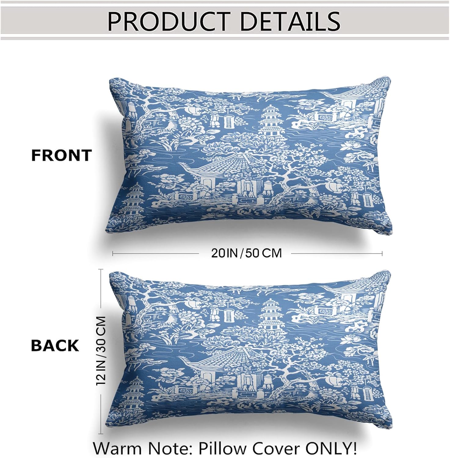 Snycler Chinoiserie – Juego de 2 fundas de almohada azules y blancas para exteriores, fundas de almohada chinas de construcción antigua de algodón,