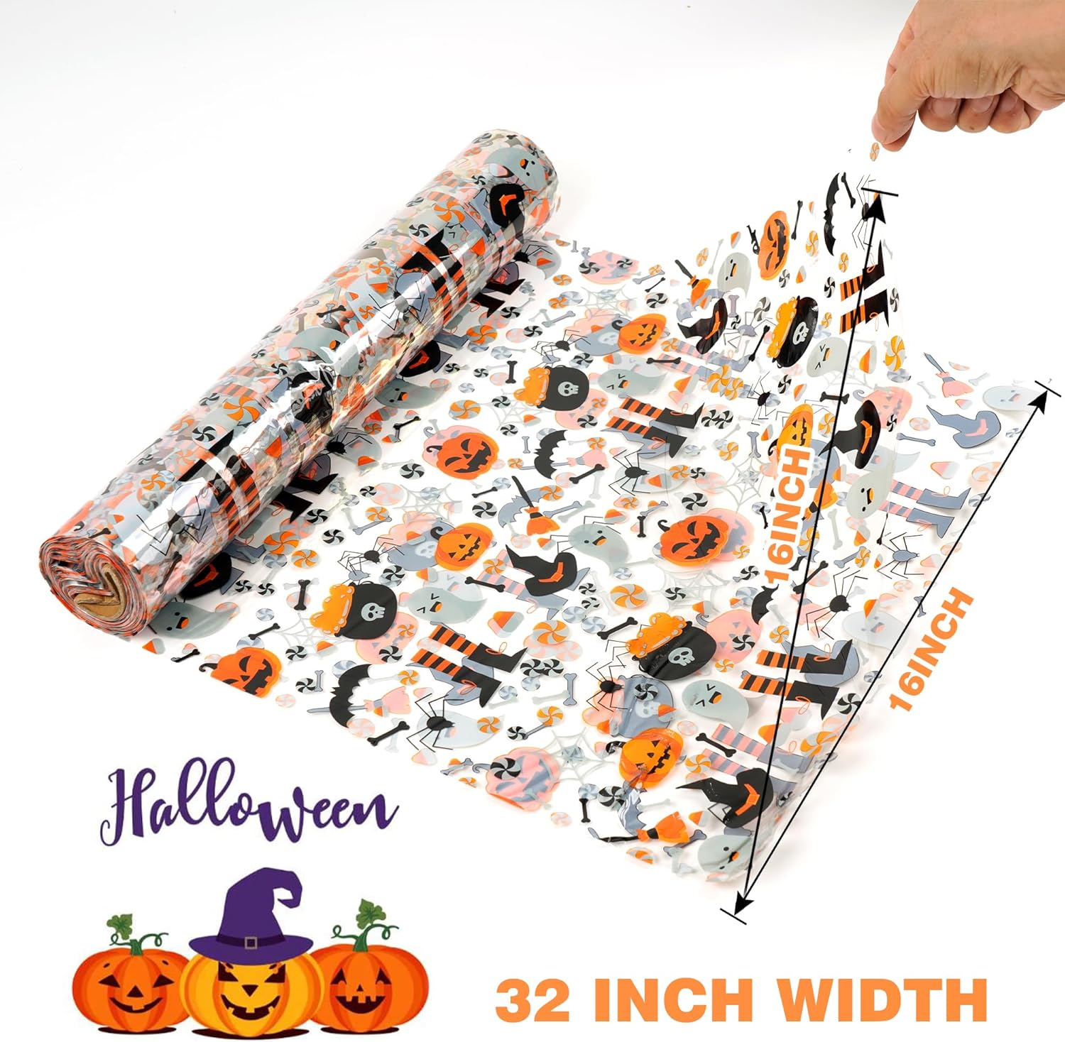 Rollo de celofán de Halloween de 100 pies x 32 pulgadas, 2.3 mil de grosor, bolsas de celofán transparentes con calabaza, fantasma, araña, celofán,