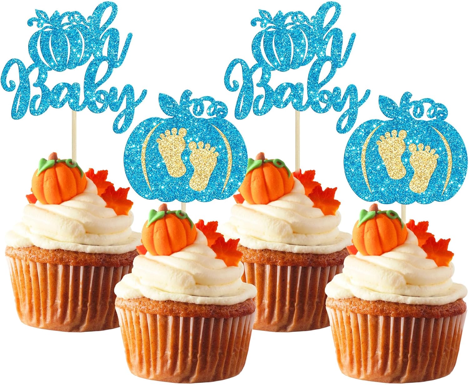 Gyufise 24 piezas de calabaza Oh Baby Cupcake Toppers Glitter Boy Baby Shower Calabaza Cupcake Picks Baby Feet Decoraciones para pasteles temáticos
