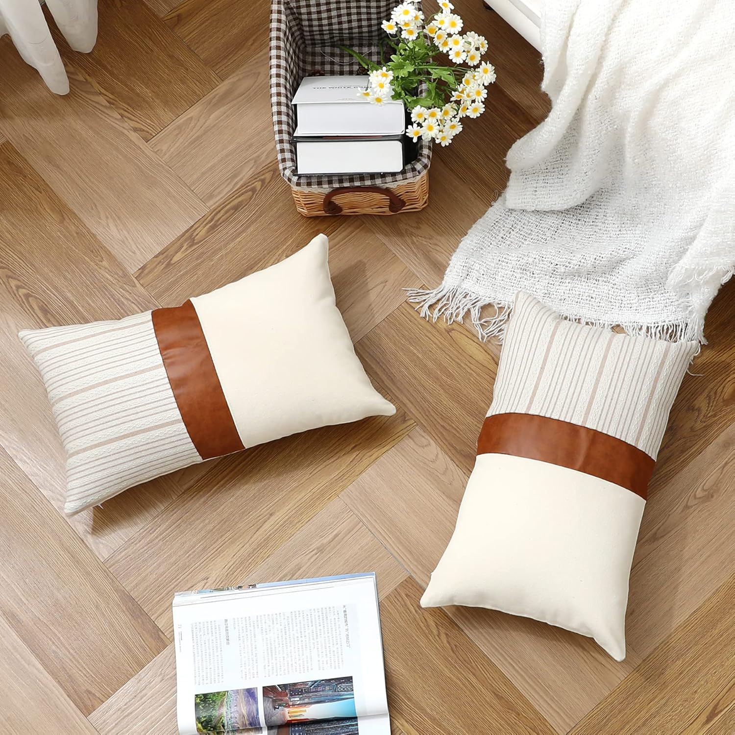Fundas de almohada de 12 x 20 pulgadas, fundas de almohada de cuero sintético de algodón marrón claro, fundas de almohada decorativas para el hogar,
