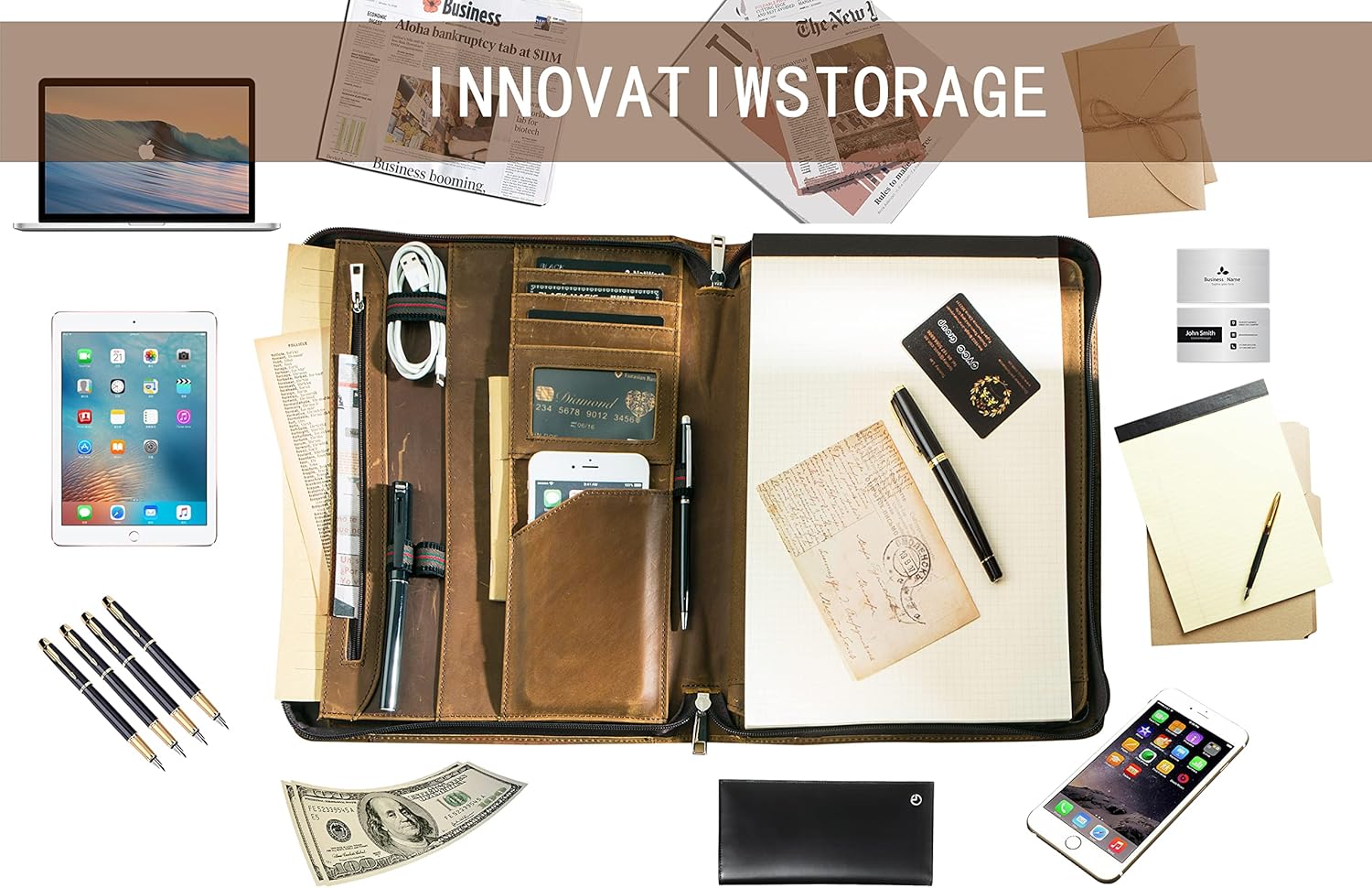 AZXCG Portafolio organizador de cuero para hombres, folio profesional con soporte para bloc de notas A4Legal, cartera con cremallera para currículum