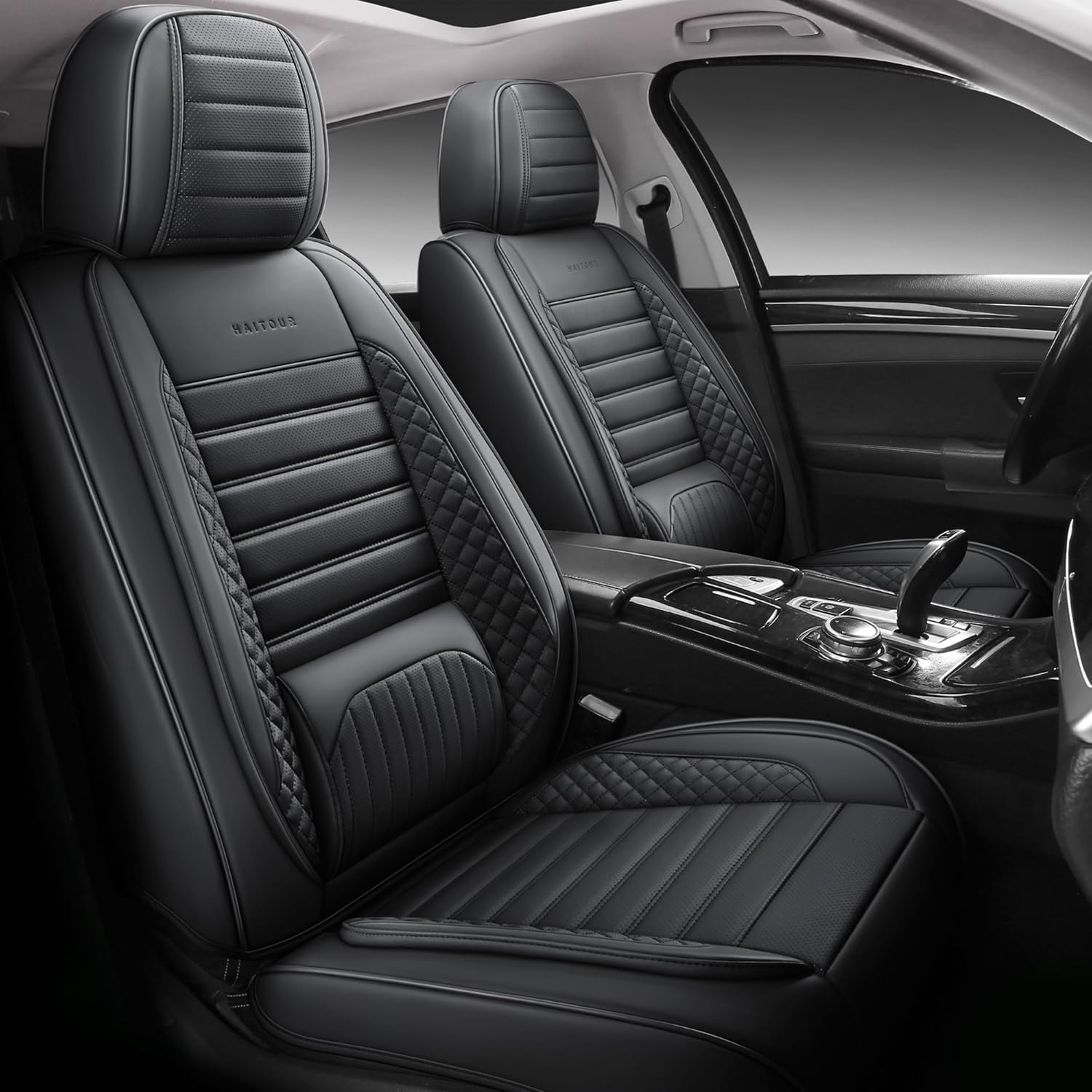 HAITOUR Fundas de cuero de cobertura completa para asiento delantero de automóvil, 1 par, ajuste universal para la mayoría de automóviles, sedanes,