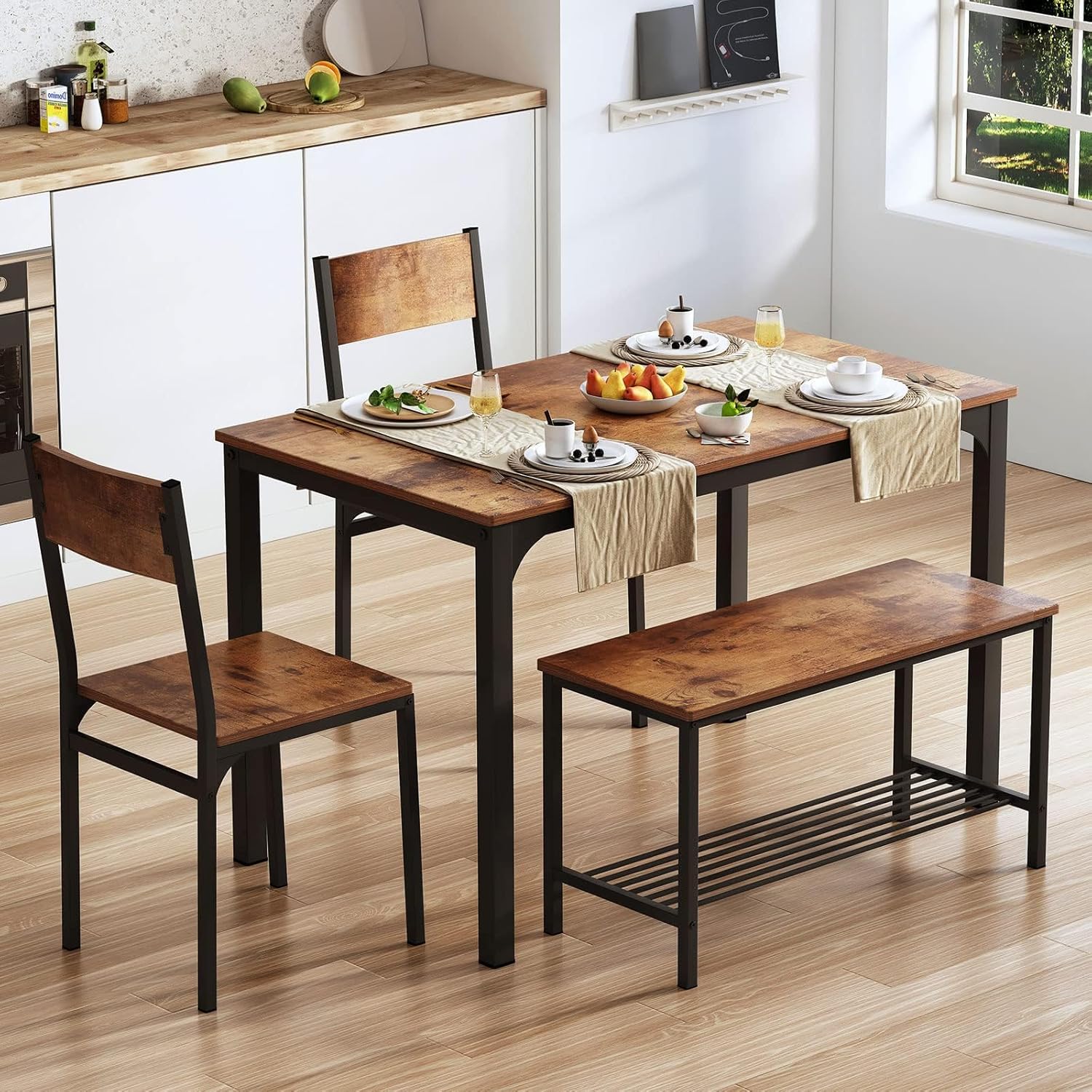 SogesPower Juego de mesa de comedor de 43 pulgadas con 2 sillas y banco, juego de mesa de comedor para 4 hogares, cocina, comedor, restaurante,