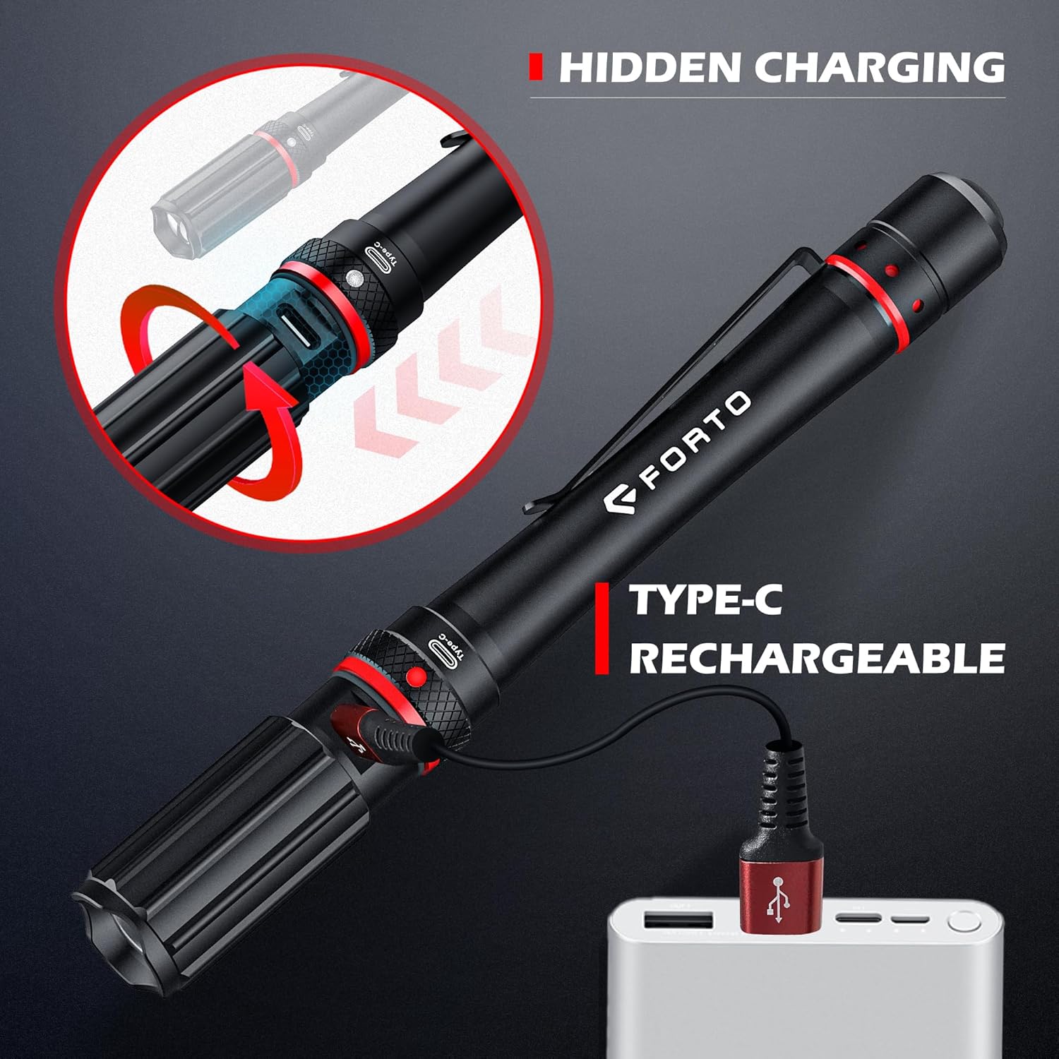 FORTO Linterna recargable para bolígrafo, 350 lúmenes, linternas de bolsillo pequeñas con clips, IPX7 resistente al agua, 3 modos de luz