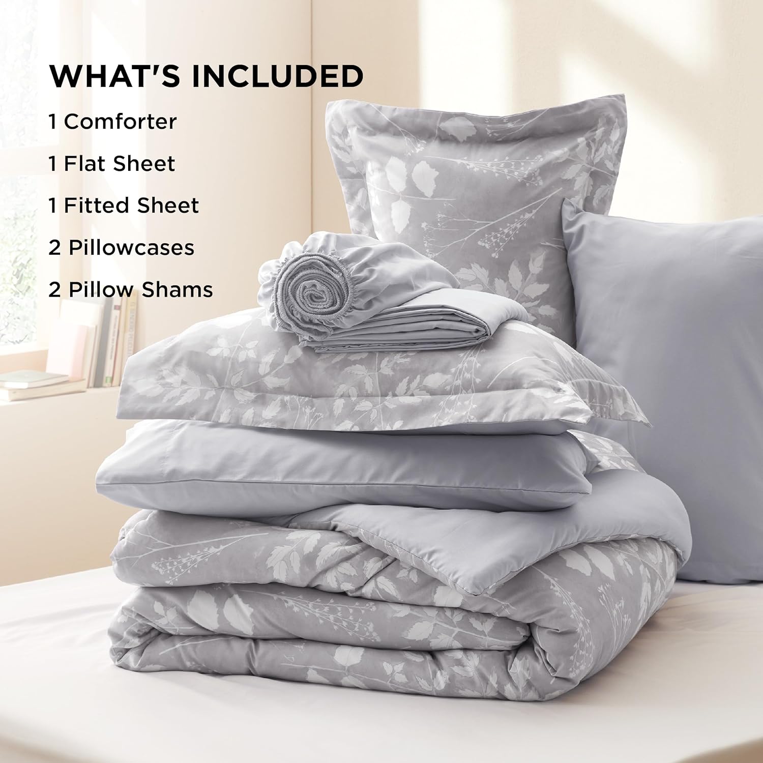 Bedsure Juego de edredón King  7 piezas de ropa de cama gris floral en una bolsa con edredón reversible de flores botánicas, sábanas, fundas de