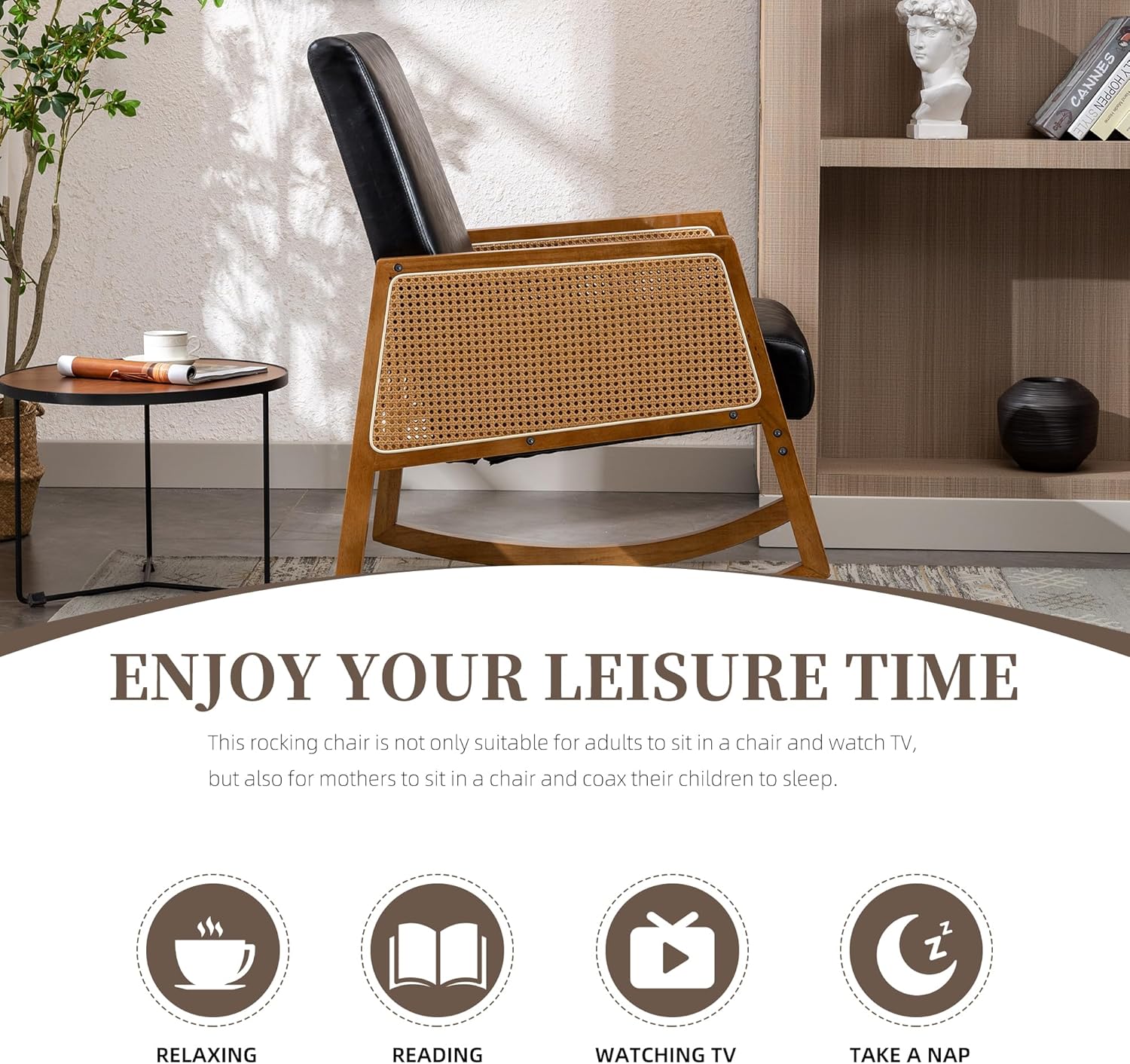 Mecedora moderna, mecedora de piel sintética con asiento acolchado, base de madera maciza, cómoda silla con respaldo alto para sala de estar,