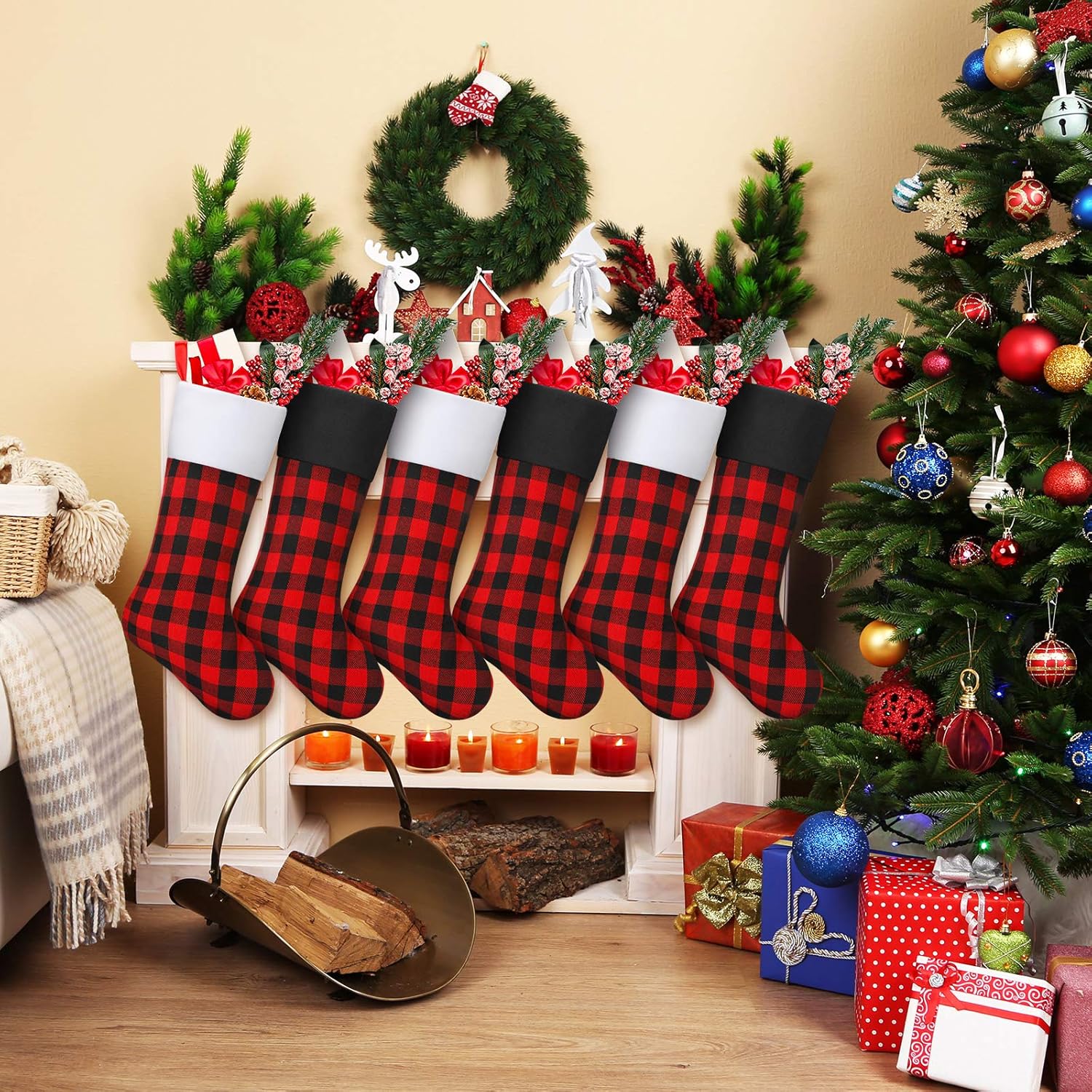 Skylety – Calcetines de Navidad de 20 con tela a cuadros, piel sintética, para colgar en chimeneas, fiestas de Navidad en familia