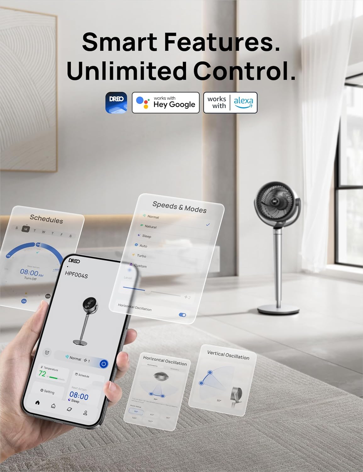 Dreo Ventilador de pedestal con control inteligente, 43 pulgadas, ventiladores silenciosos oscilantes omnidireccionales de 150 + 120 para