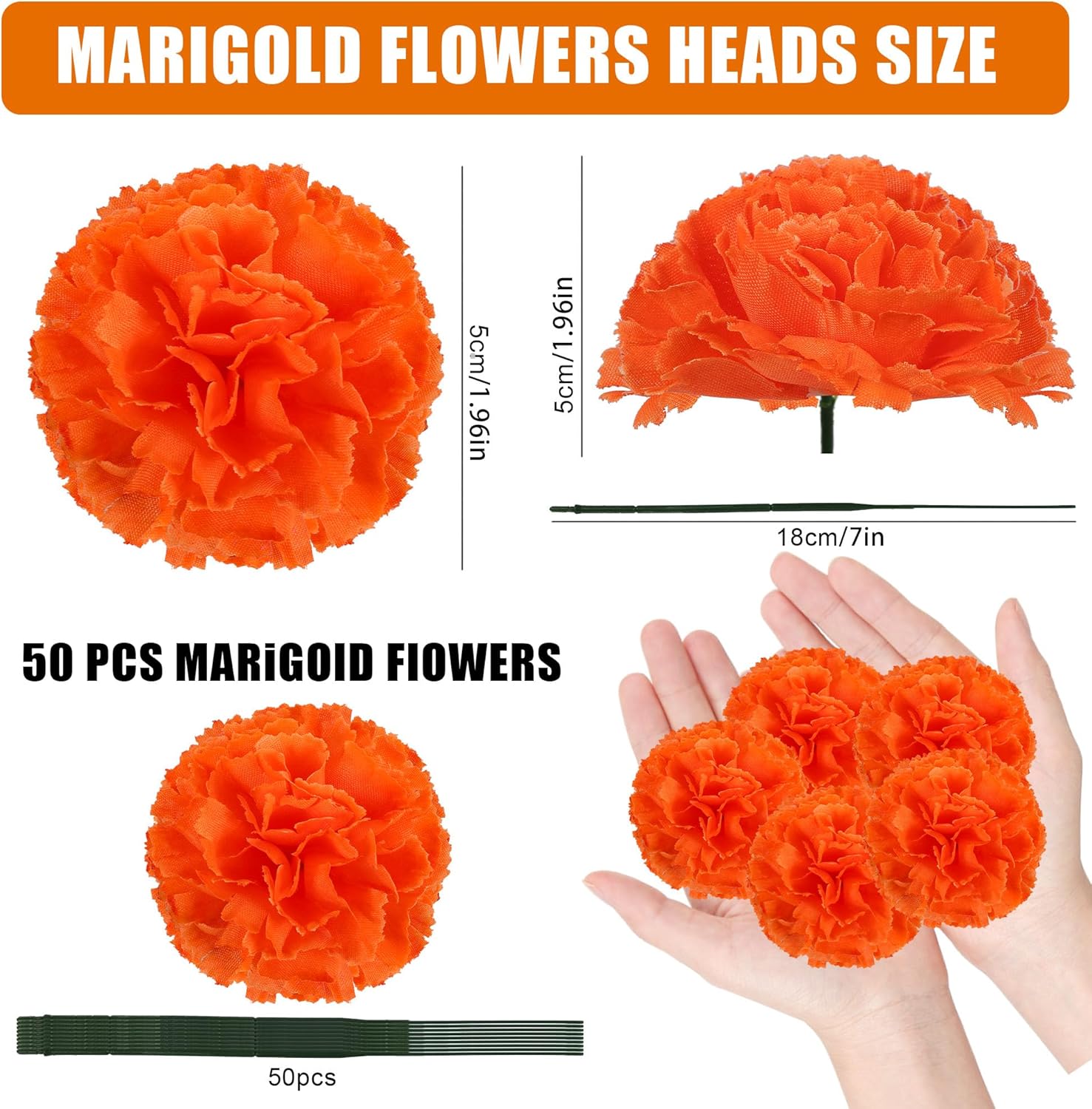 59 pancartas mexicanas de caléndula artificiales, flores de caléndula artificiales, flores naranjas de seda para el Día de los Muertos, Día de los