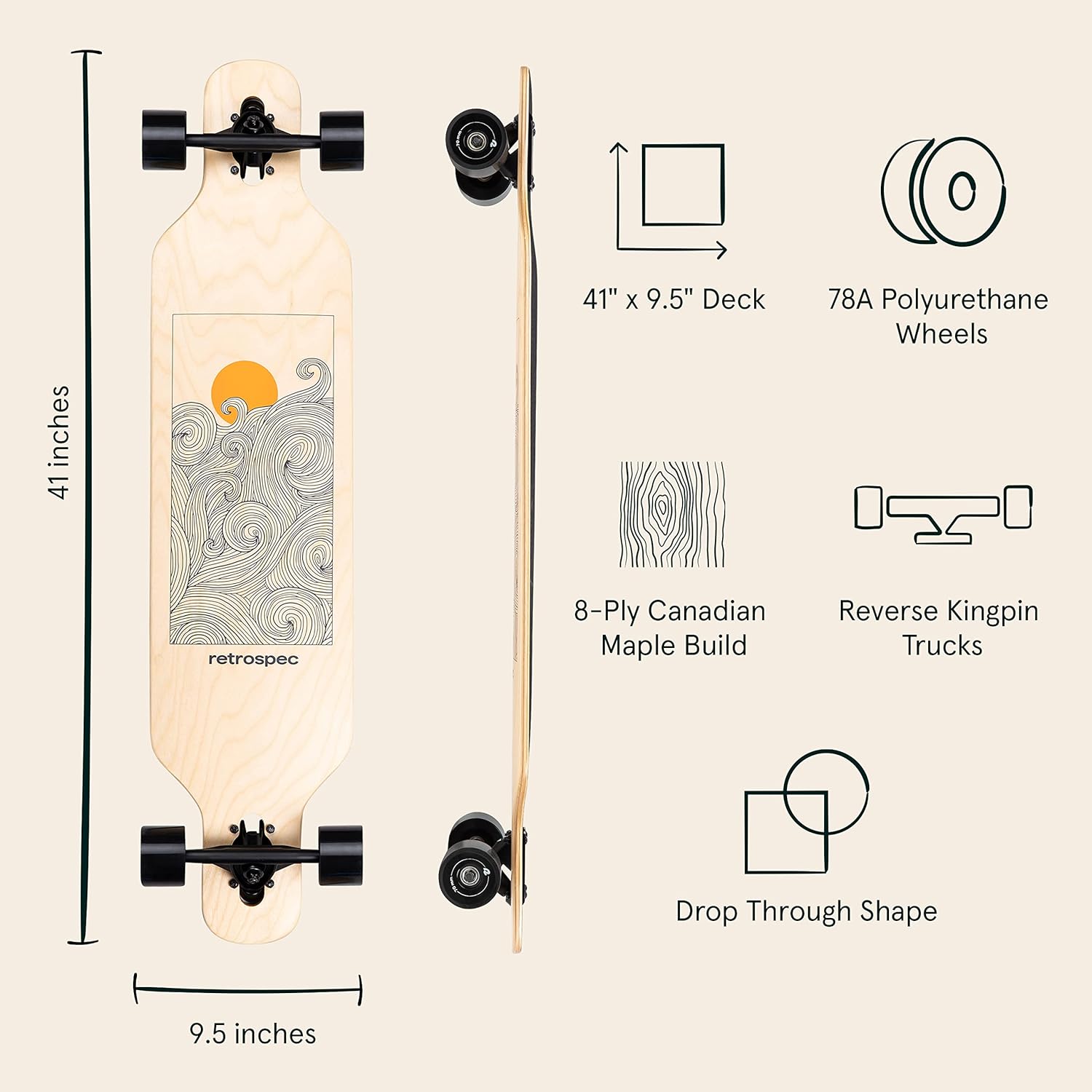 Retrospec Rift – Patineta larga completa, crucero de madera de arce canadiense con camiones abatibles para desplazamientos, cruceros, tallados y