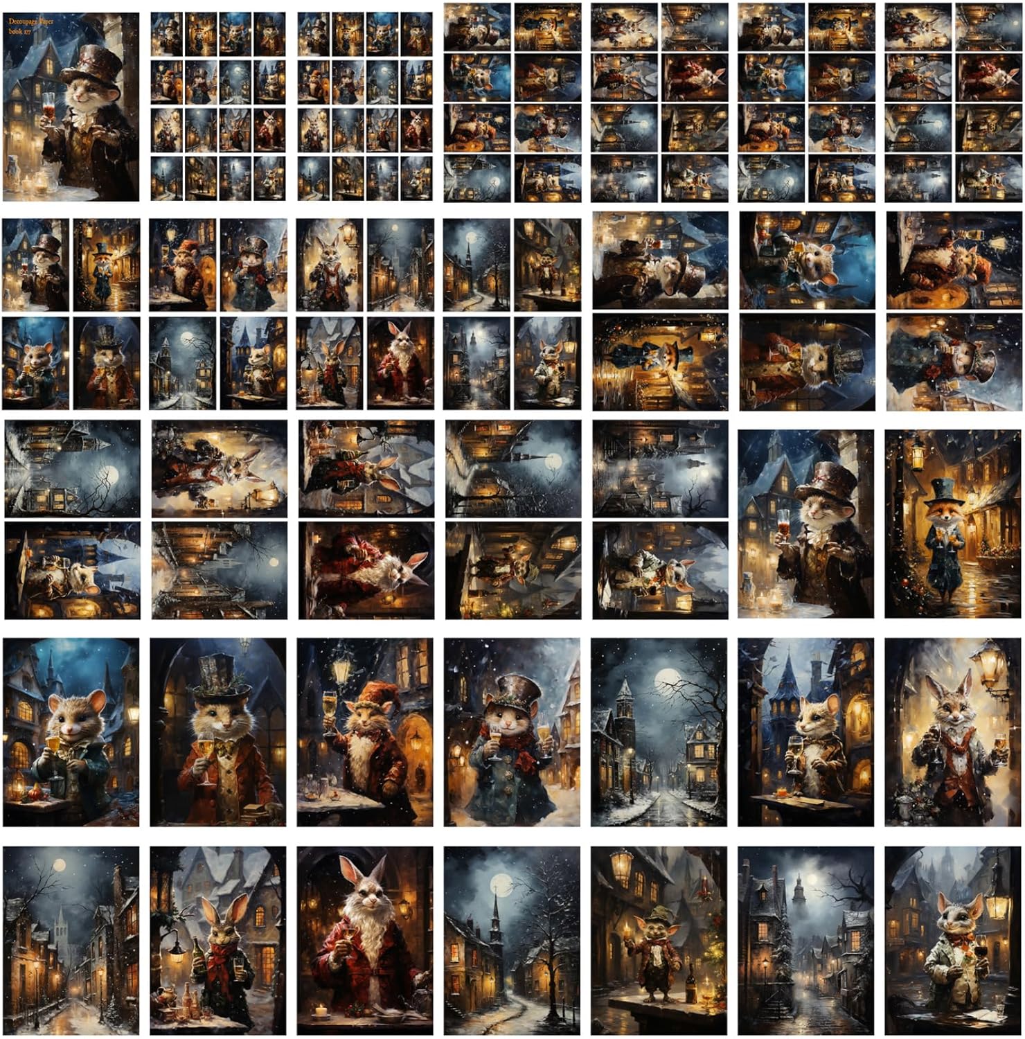 Decoupage – Paquete de papel (35 hojas de 6 x 8 pulgadas), lindos ratones y conejos victorianos con mejillas gorditas para celebrar el invierno,