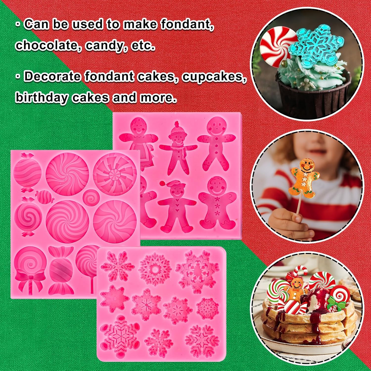 Whaline Molde de silicona para caramelo de Navidad, 3 unidades, molde de silicona de copo de nieve de hombre de jengibre rosa, molde de caramelo de
