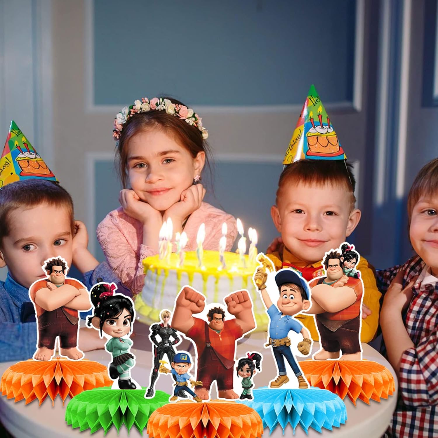 Wreck it Ralph – Decoraciones de fiesta, 7 piezas de centros de mesa con temática de panal de abeja Wreck it Ralph, decoraciones de mesa lateral