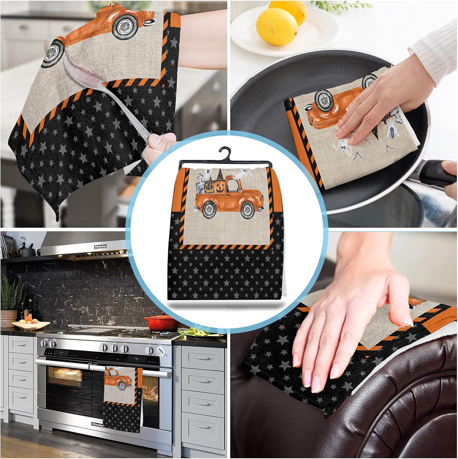 2 Packs Kitchen Towels and Dishcloths Sets, Happy Halloween Trick Or Treat Jack-O’-Lanterns Orange Truck 18 x28 Inch Cotton Dish Towel, Absorbent