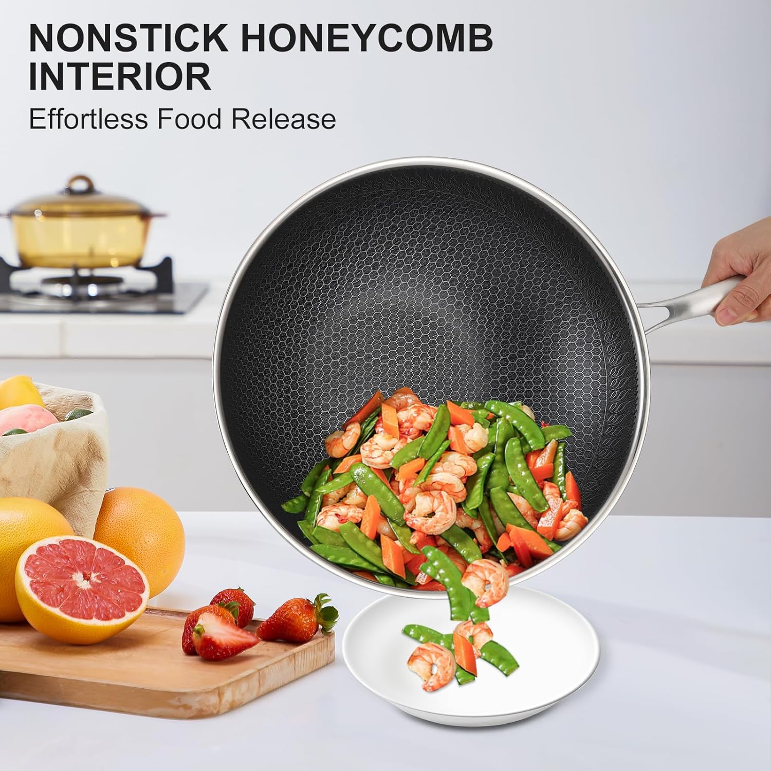 Vegoran Sartén wok de 12 pulgadas, wok de acero inoxidable, sartén antiadherente de panal con asa, sin PFOA, adecuado para cocinas de inducción,