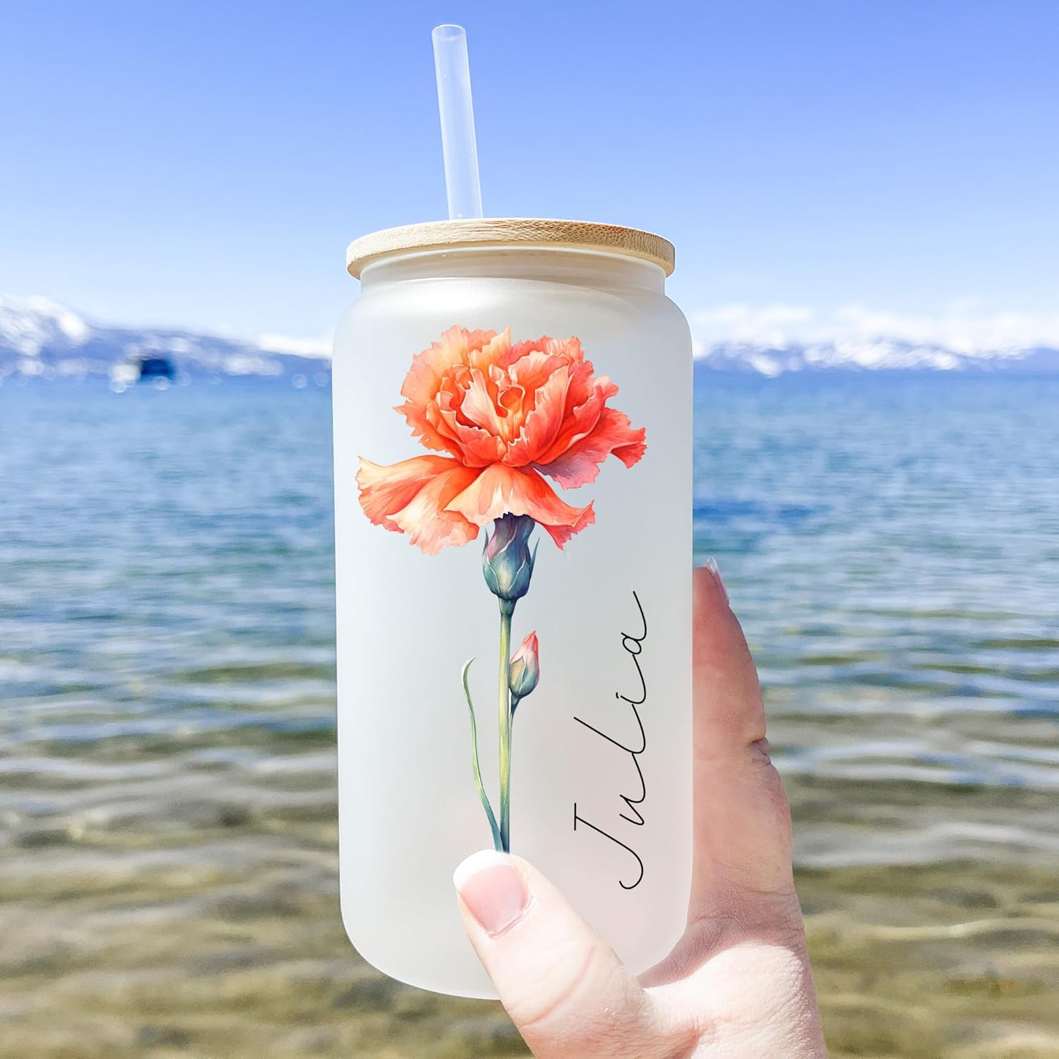 Taza de cristal personalizada con nombre de flor del mes de nacimiento, 16 onzas, regalos de cumpleaños personalizados para mujeres, profesores,