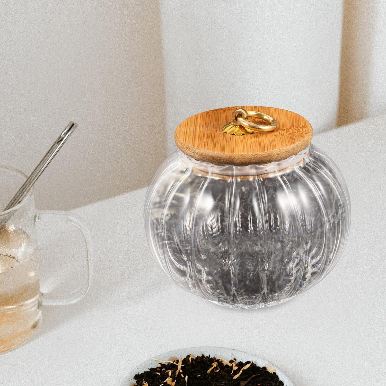 Yardwe Tarro de calabaza de cristal con tapa, tarro de caramelo de calabaza transparente con tapa hermética, pequeño recipiente de almacenamiento de