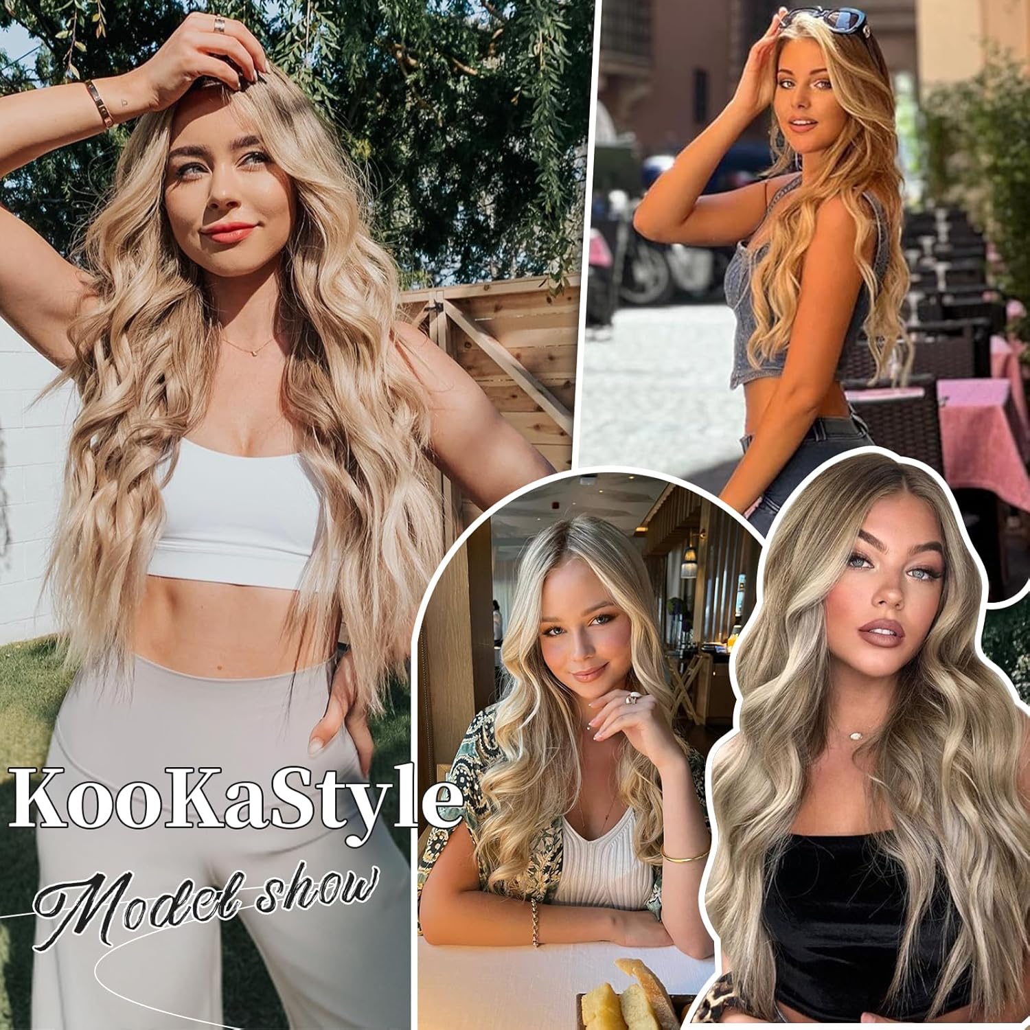 KooKaStyle Extensiones de cabello con alambre invisible con diadema transparente, tamaño ajustable, 4 clips de seguridad, largo, ondulado, alambre