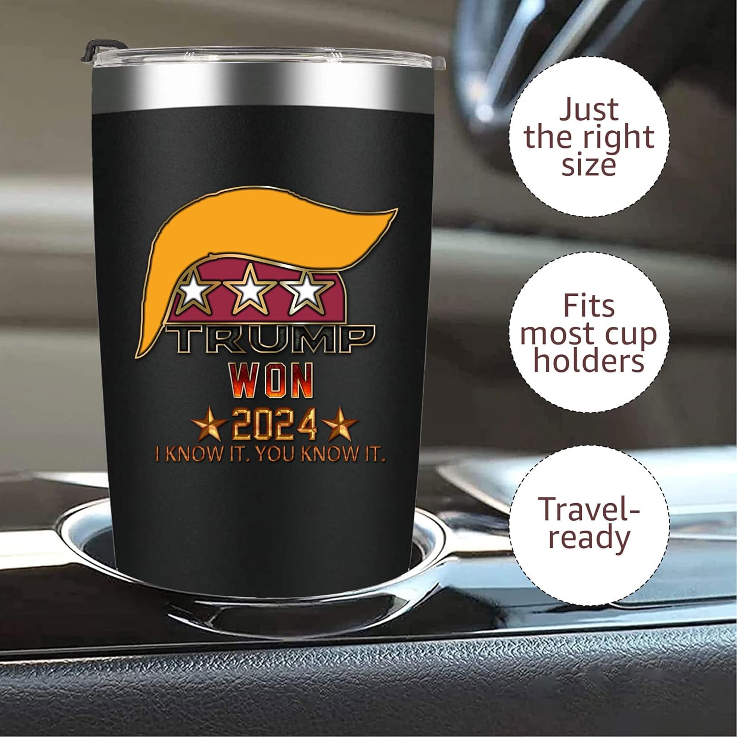 tump won – Vaso aislado de acero inoxidable con tapa, 20 onzas, taza de café de viaje, regalos novedosos