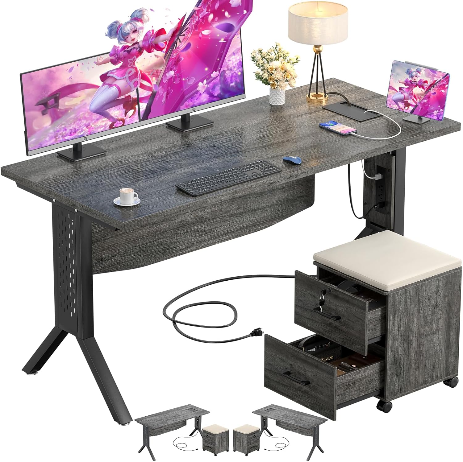 armocity Escritorio para computadora de juegos 55 con mesa auxiliar rodante, escritorio grande de oficina en casa con archivador, escritorio