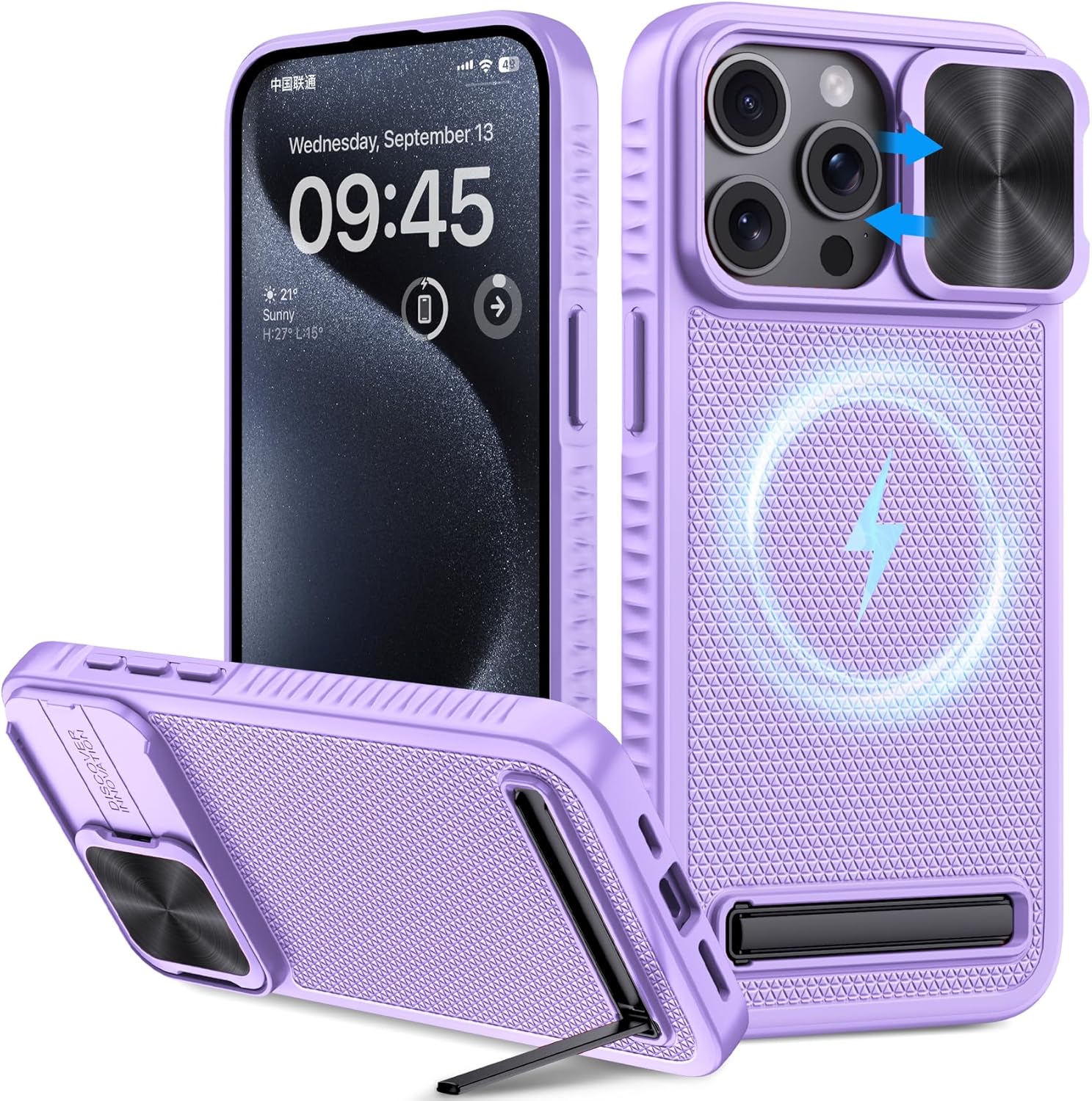 Vihibii Funda para iPhone 15 Pro Max, compatible con MagSafe, soporte integrado y cubierta de cámara deslizante, protección contra caídas de grado
