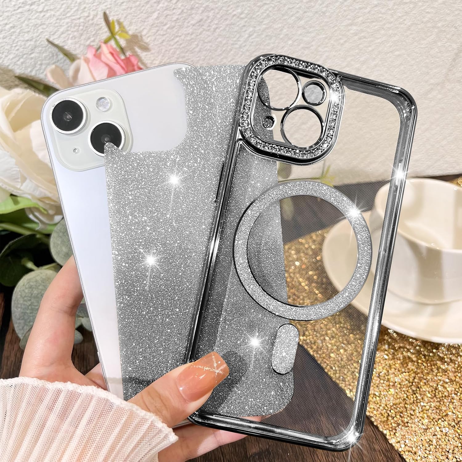 KANGHAR Funda magnética con purpurina degradada para iPhone 15 Plus de 6.7 pulgadas, funda de lujo chapada en diamantes de imitación, suave TPU