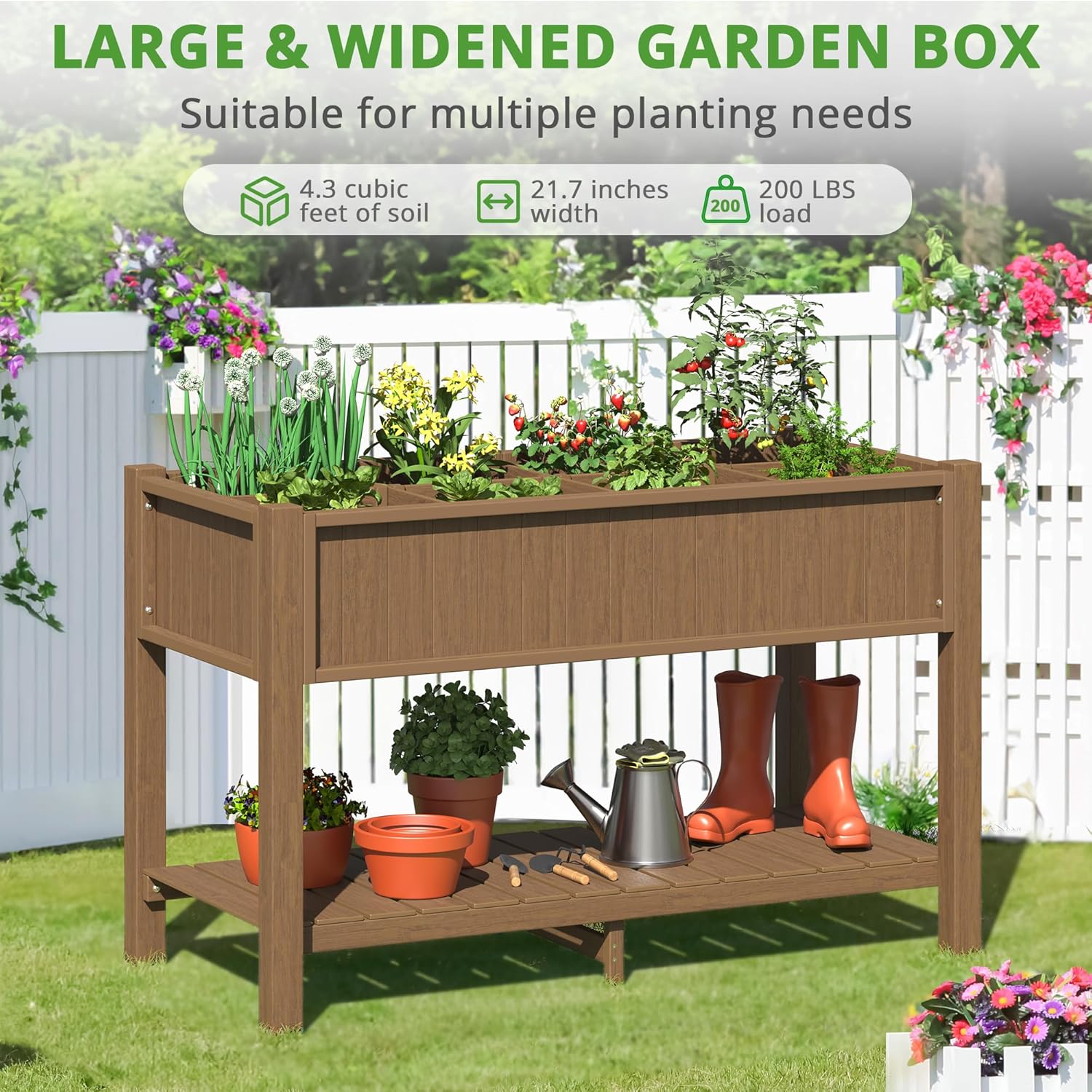 LUE BONA Cama de jardín elevada grande con herramientas y estante, 47 x 21 x 30 pulgadas, 8 bolsillos HDPS elevados para bricolaje con patas, sin