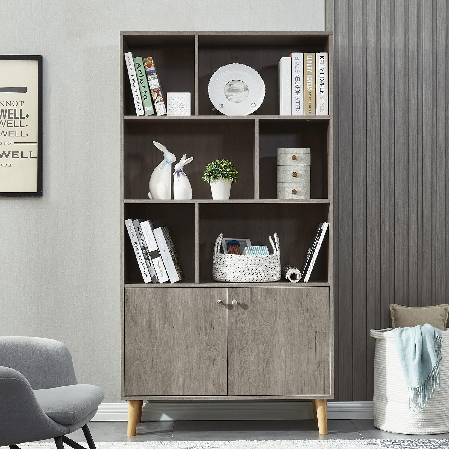 Estantería moderna con 2 puertas, organizador de estante para exhibición, biblioteca de madera con 6 gabinetes de almacenamiento para oficina en