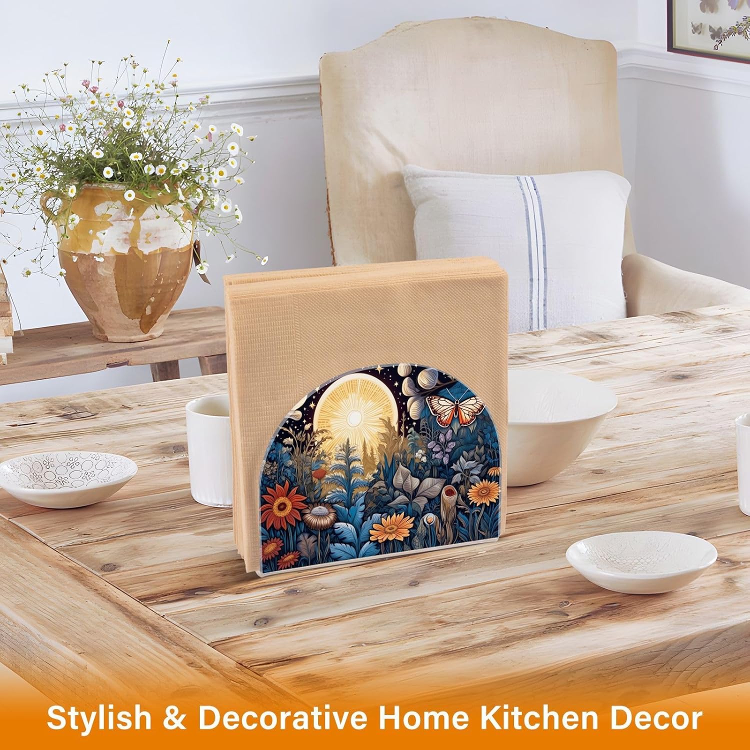 Butterfly Flowers Acrylic Napkin Holder Clear Crystal Tissue Paper Dispenser for Table, Kitchen Countertop, Restaurant, Decor
