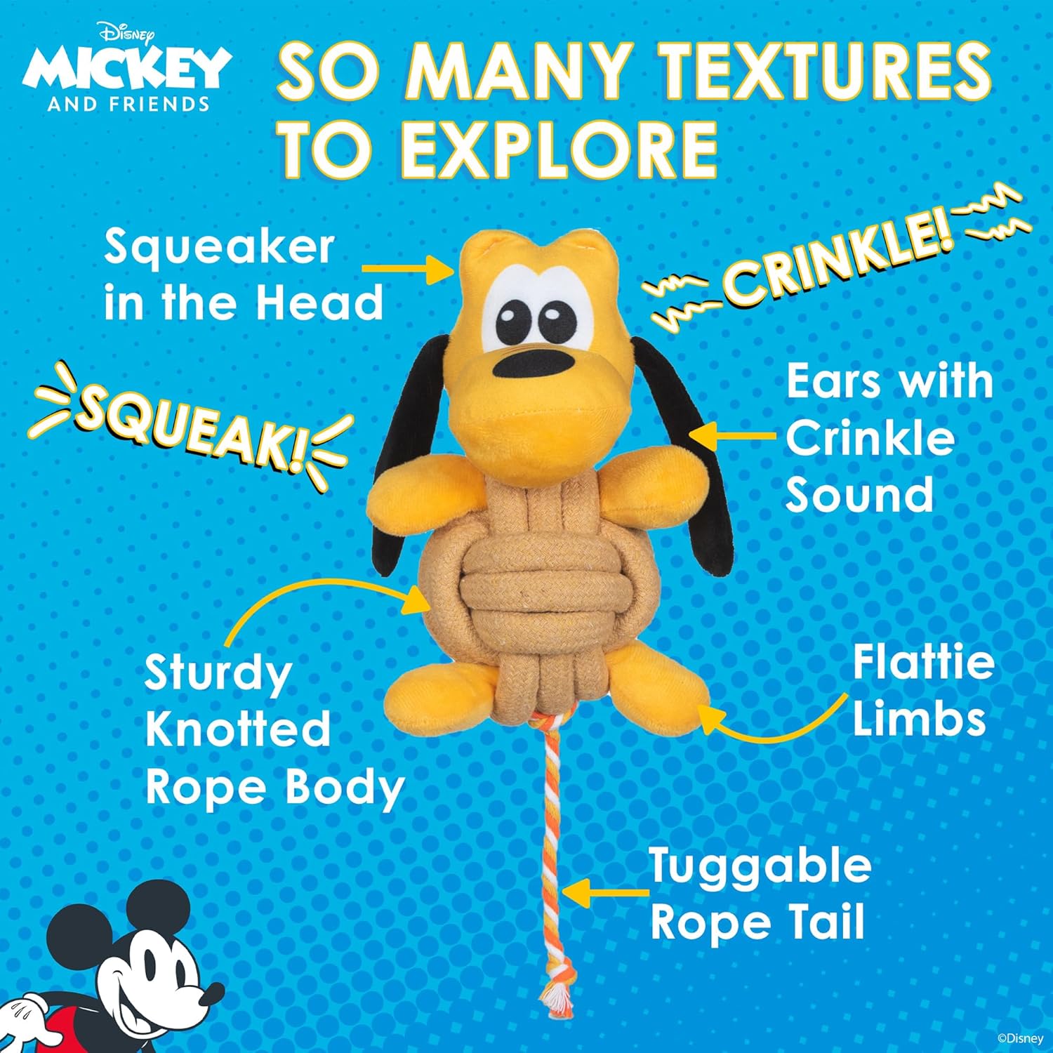 Disney for Pets Pluto – Juguete para mascotas de cuerda anudada con chirriador, 9 pulgadas, juguetes chirriantes para perros  Juguete de cuerda para
