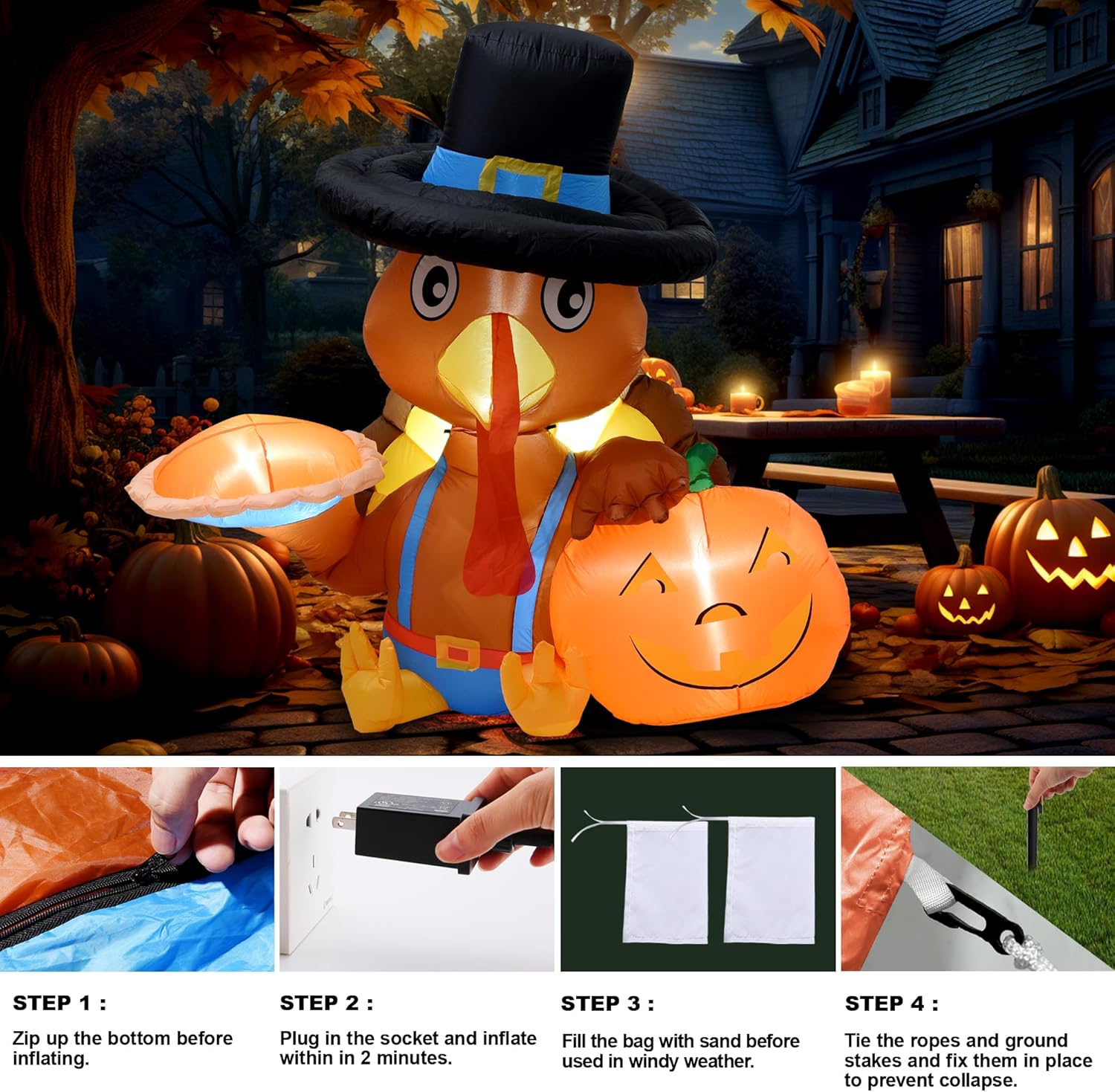HEISOK Decoraciones inflables de pavo de Acción de Gracias, pavo inflable de 6 pies con calabaza, luces LED integradas, pavo inflable para