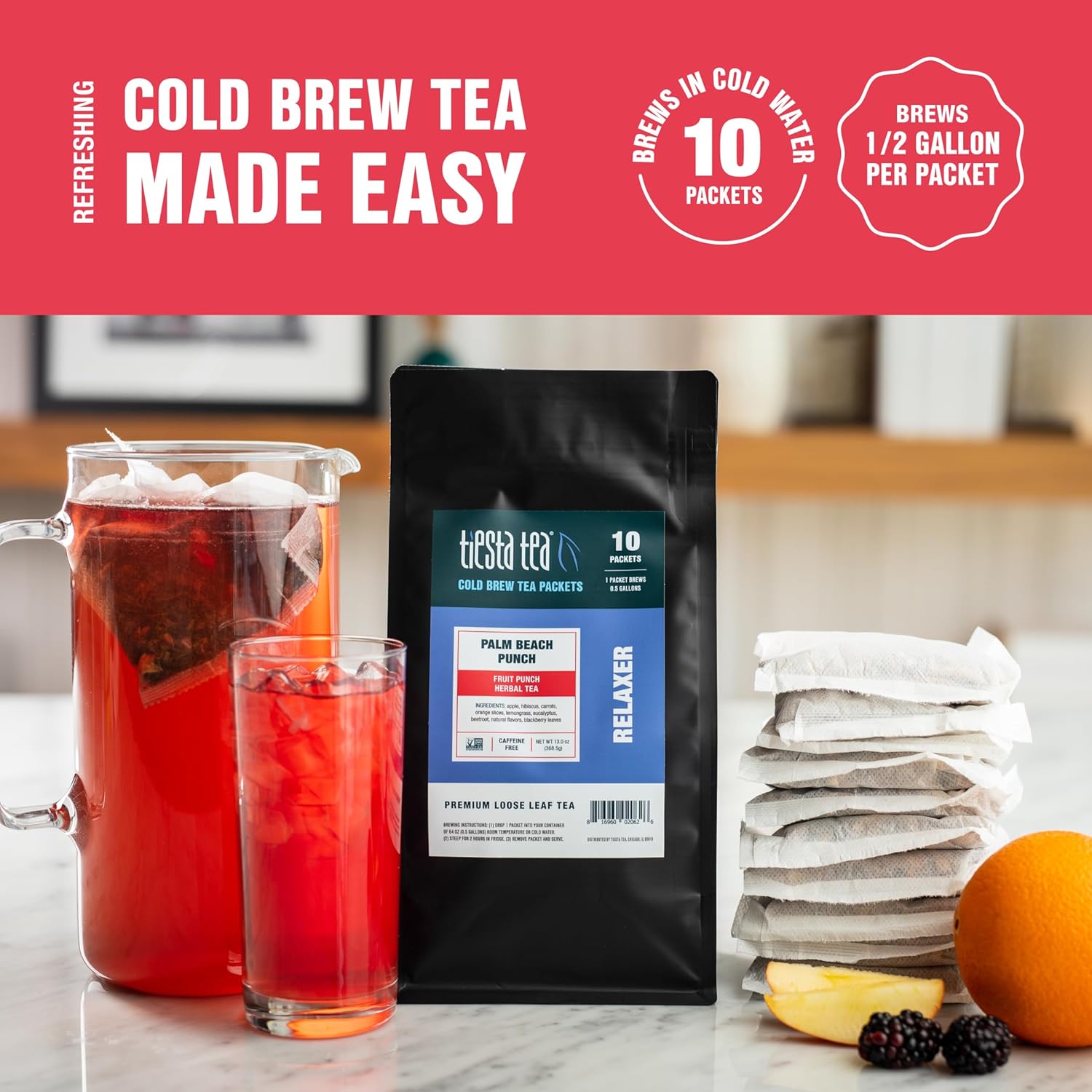 Tiesta Tea – Palm Beach Punch Cold Brew Tea  Té de hierbas Fruit Punch  Mezclas de té helado de hojas sueltas de primera calidad  Té helado sin