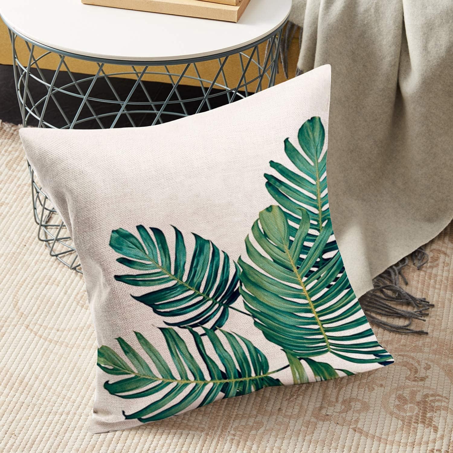 Funda de almohada con diseño de hojas tropicales, diseño de palmera de Monstera, hojas verdes, funda de cojín decorativa cuadrada para interiores y