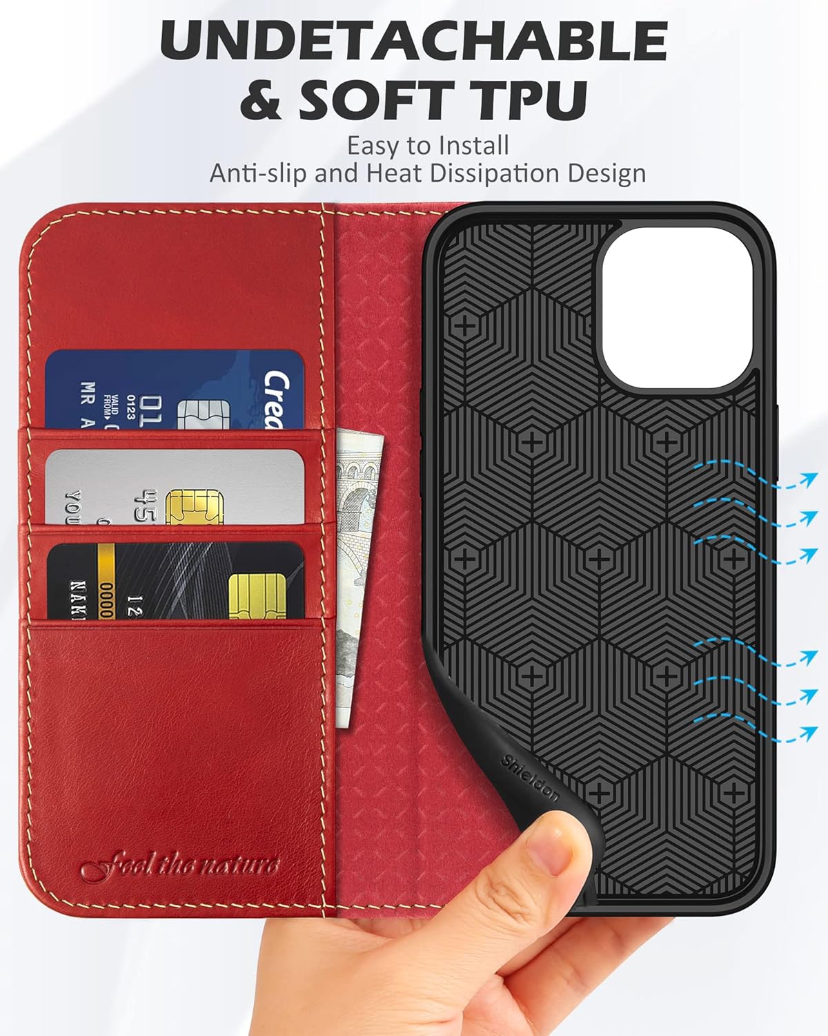 SHIELDON Funda tipo cartera para iPhone 12 Pro de 6.1 pulgadas, piel auténtica para iPhone 12, función atril y bloqueo RFID, ranuras para tarjetas