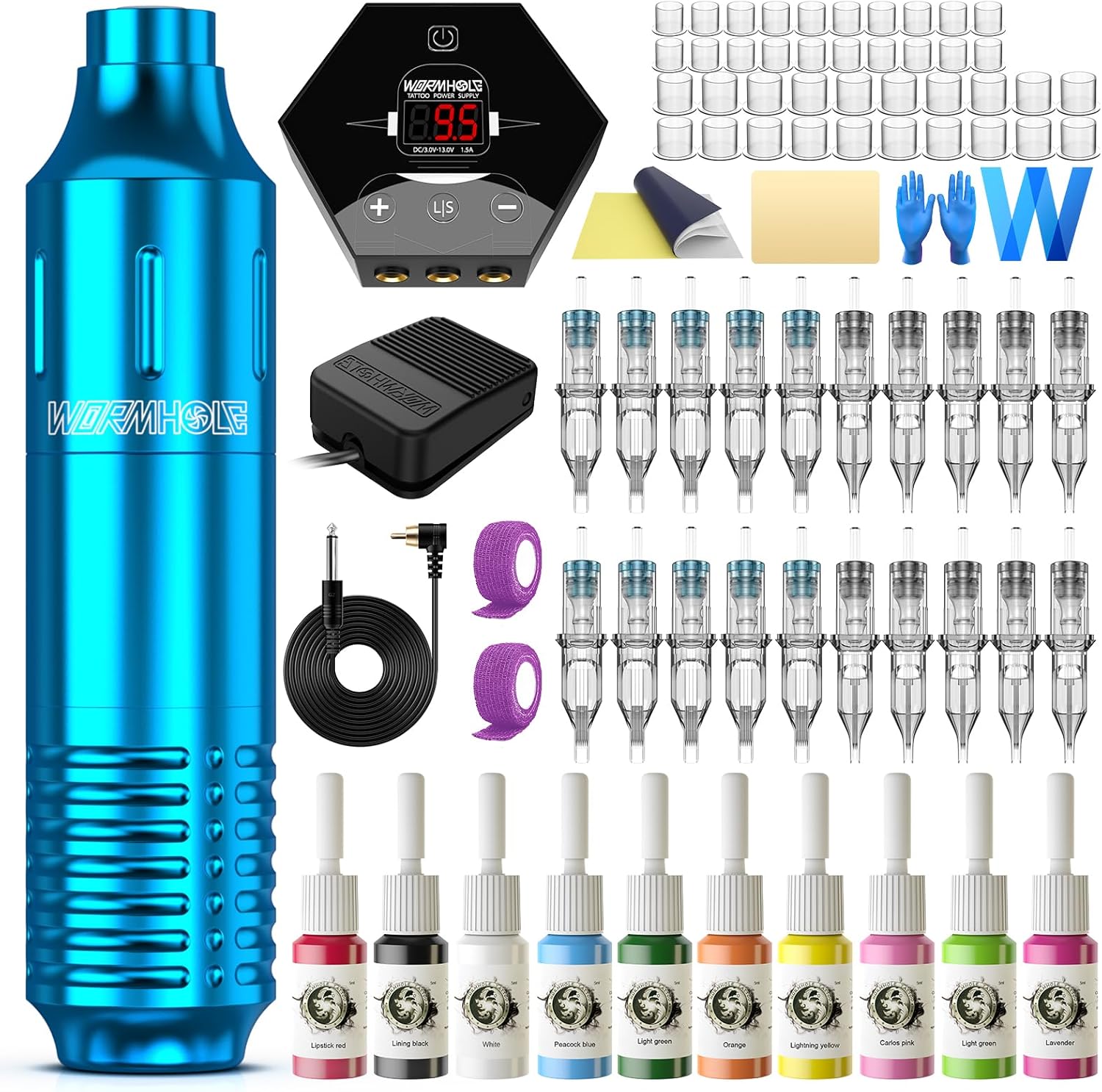 Wormhole Tattoo Kit de máquina rotativa de tatuaje, kit de bolígrafo de tatuaje con fuente de alimentación, 20 agujas de cartucho de tatuaje, 10