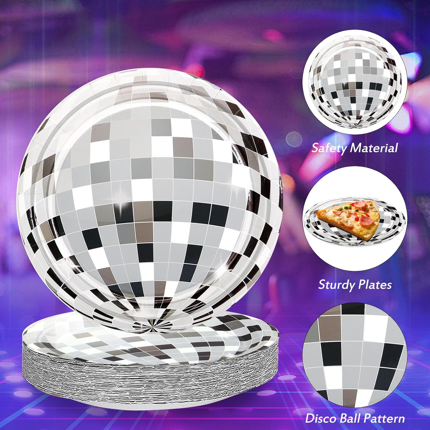 Platos de discoteca 25P, platos de bola de disco de 7 pulgadas, platos de papel de bola de disco plateados para suministros de fiesta de discoteca