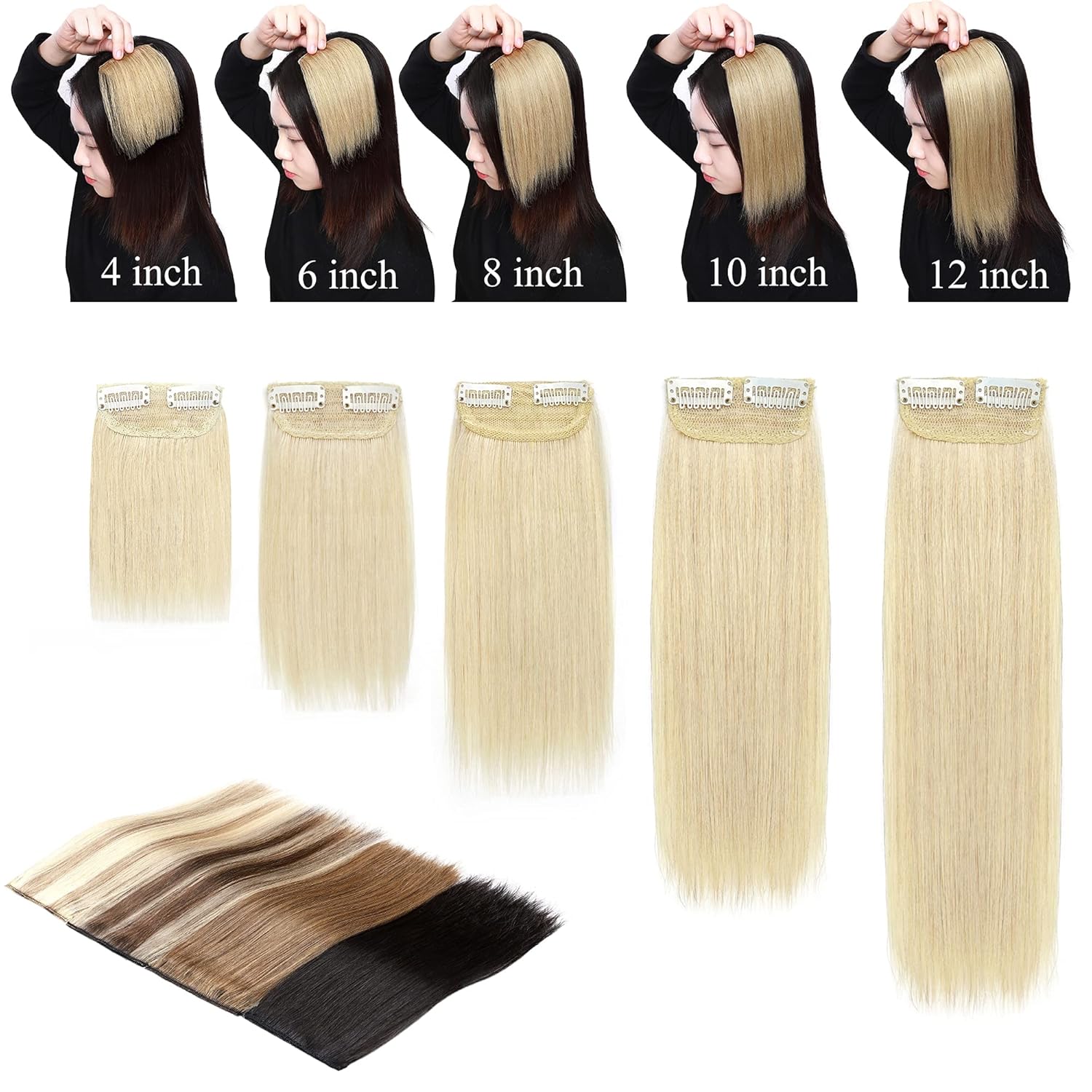 SEGO Extensiones de cabello corto con broches, 4 pulgadas, 100% cabello humano para mujer, con cabello delgado que añade volumen, 1 unidad, 0.28 oz