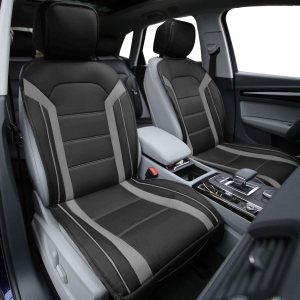 TLH Cojines de asiento de cuero futuristas solo delanteros, cojines de asiento grises, ajuste universal, funda de asiento de automóvil, accesorios TLH Cojines de asiento de cuero futuristas solo delanteros, cojines de asiento grises, ajuste universal, funda de asiento de automóvil, accesorios