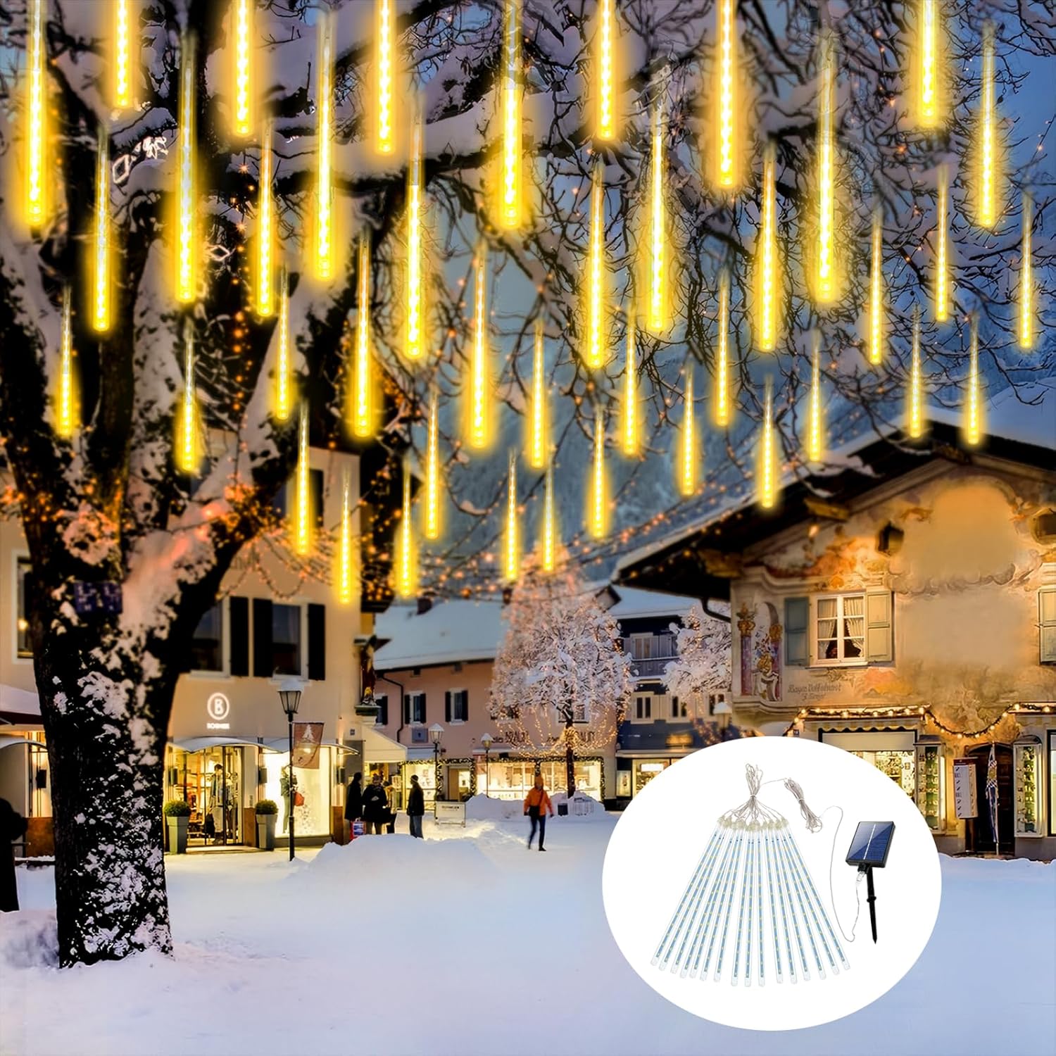 Luces solares de lluvia de meteoritos impermeables para exteriores, luces de decoración de Navidad, funciona con energía solar, 16 tubos de 384