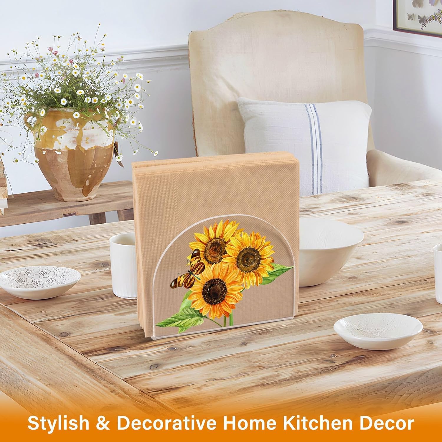 Servilletero de acuarela de girasoles y mariposas, servilleteros acrílicos para mesa de cóctel, dispensador, soporte de papel para cocina, comedor,