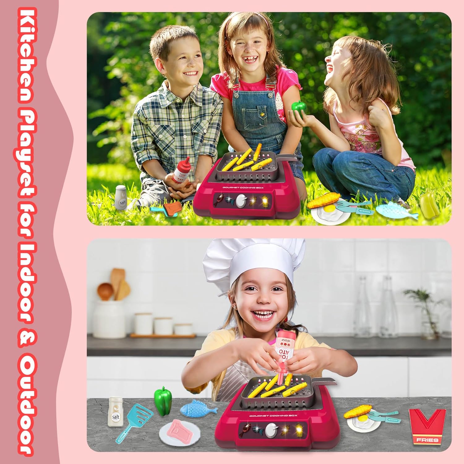 Juego de accesorios de cocina para niños, juego de cocina para niños pequeños, juego de cocina para acampar con comida que cambia de color, juego de