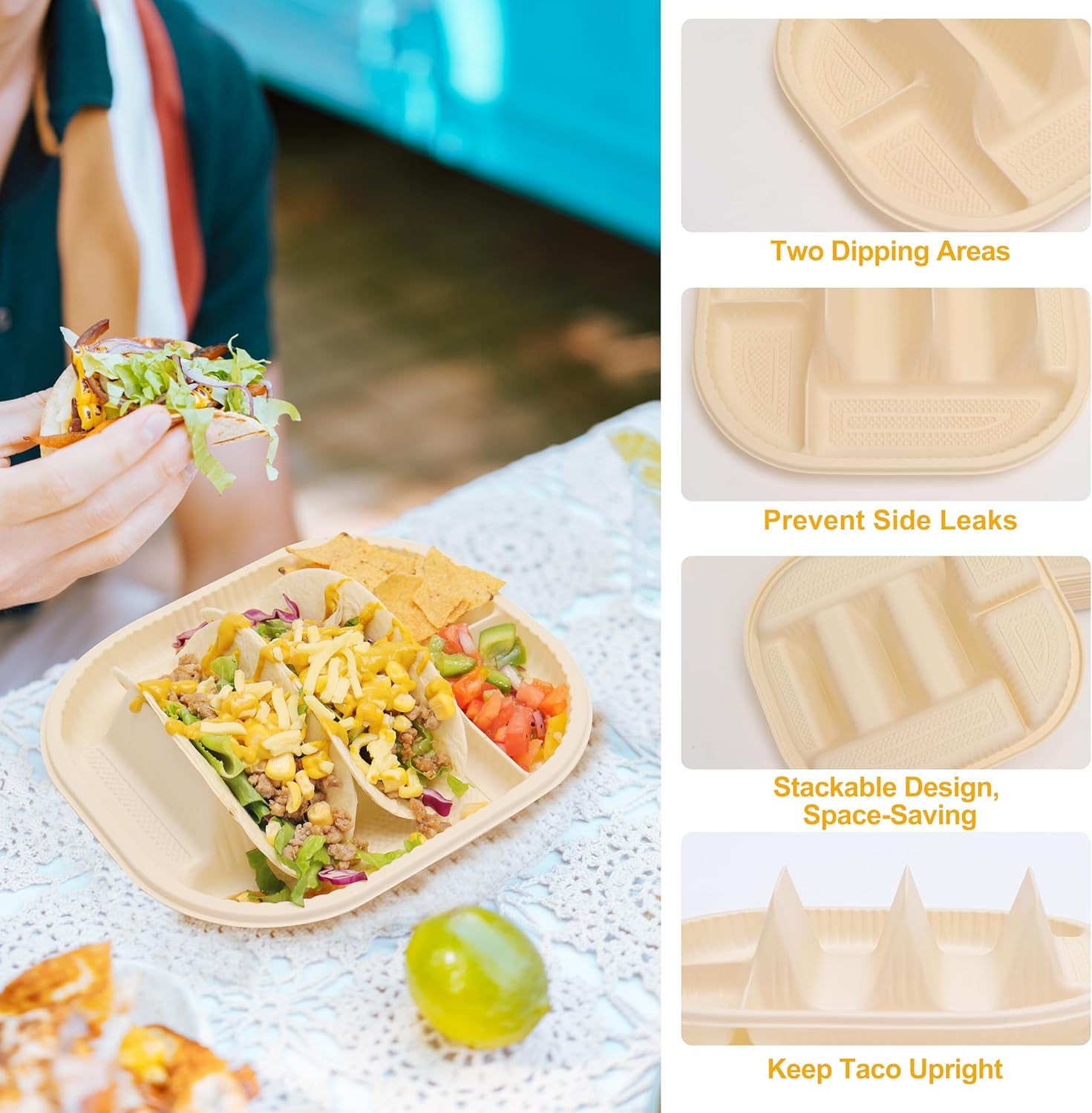 50 platos desechables pequeños para tacos para fiestas, soportes para tacos de almidón de maíz con 2 áreas de inmersión, capacidad para 2 tacos,