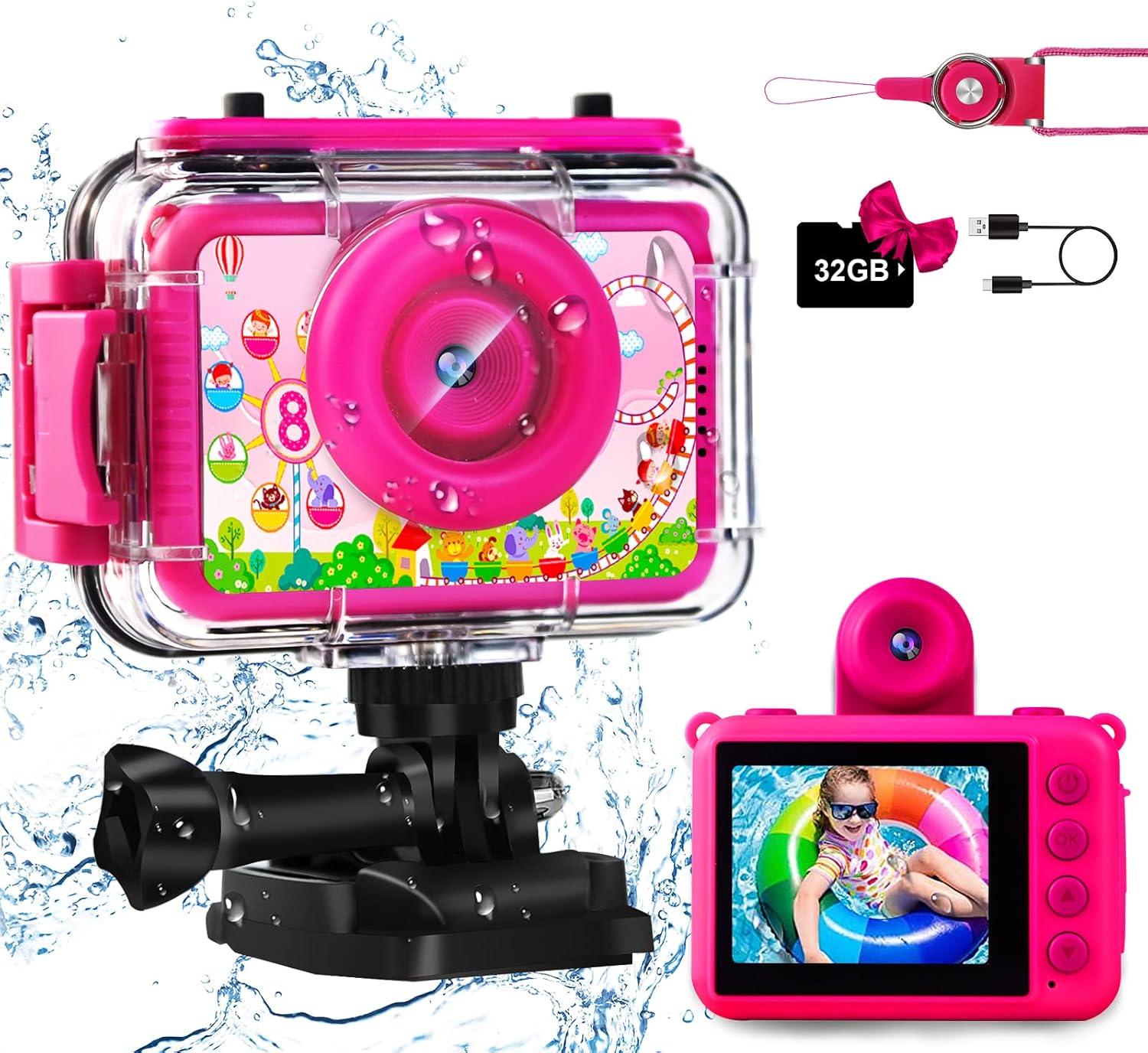 GKTZ Cámara para niños, 1080P HD digital impermeable para niños, cámara deportiva subacuática para exteriores con tarjeta SD de 32 GB, juguetes de