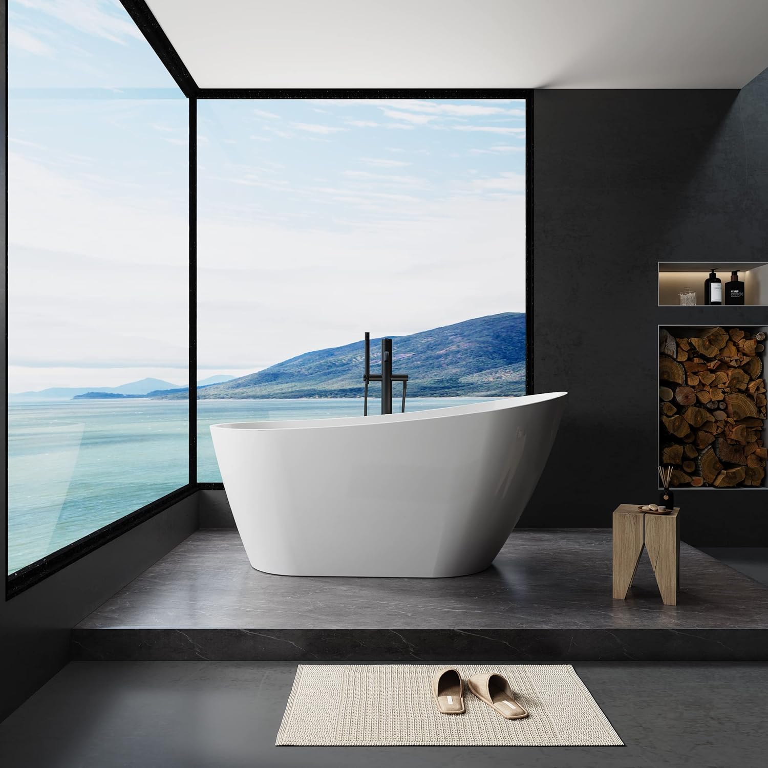 OMGO – Bañera independiente de acrílico de 67 pulgadas, bañera contemporánea con desbordamiento cromado y manguera de drenaje proporciona, patas