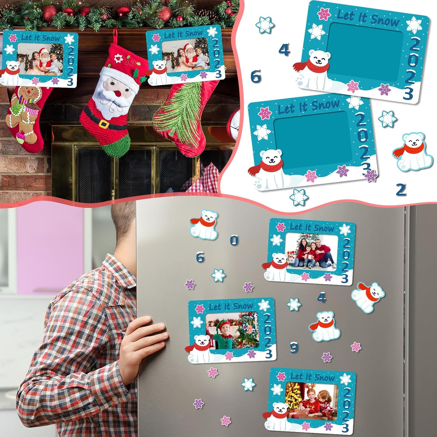 24 juegos de marcos de fotos de invierno fechados, kit de manualidades con imán de Navidad, marcos de fotos con calcomanías de copo de nieve,