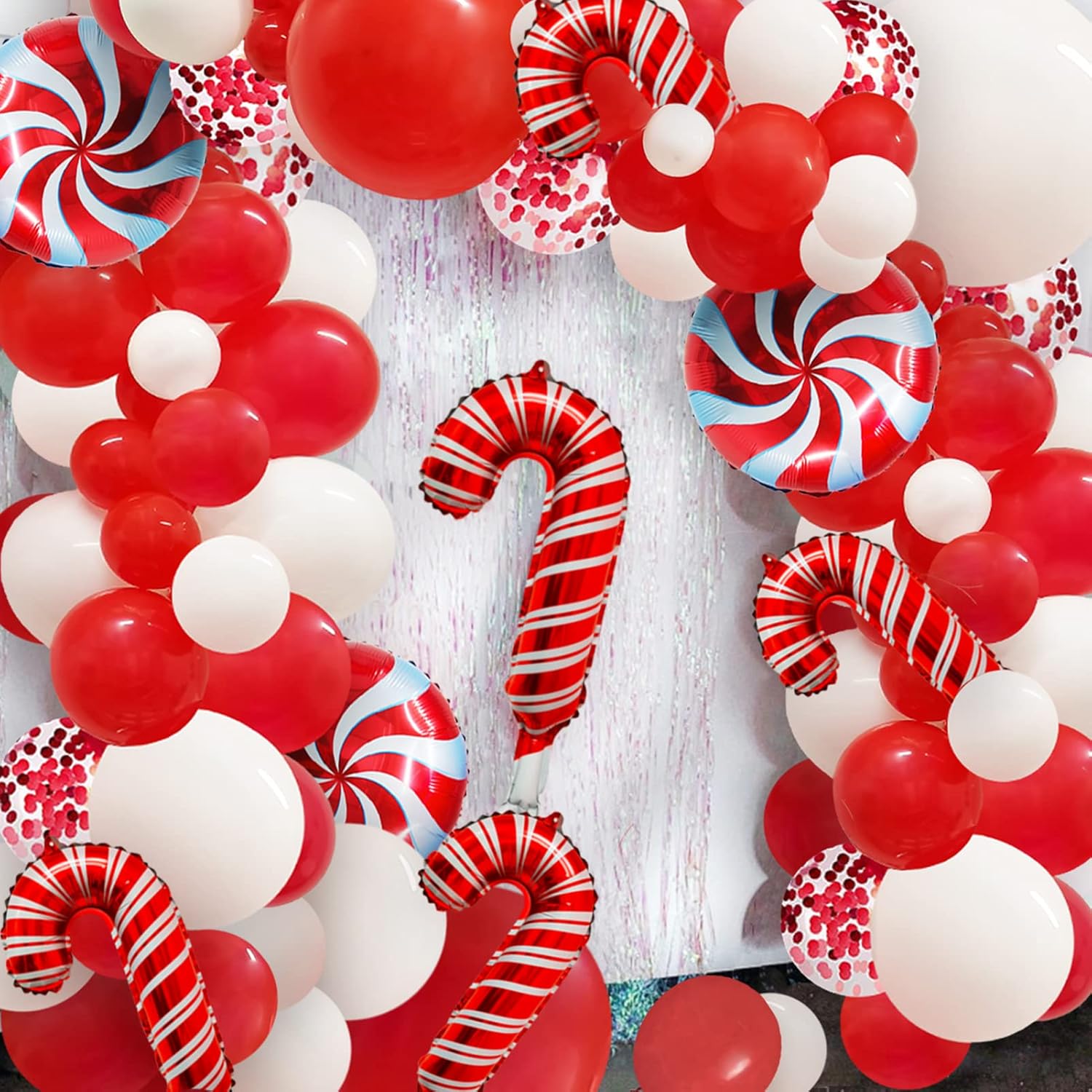 Kit de guirnalda de globos de bastón de caramelo de Navidad de 115 piezas para decoraciones de Navidad, globos de látex blanco y rojo con bastón de
