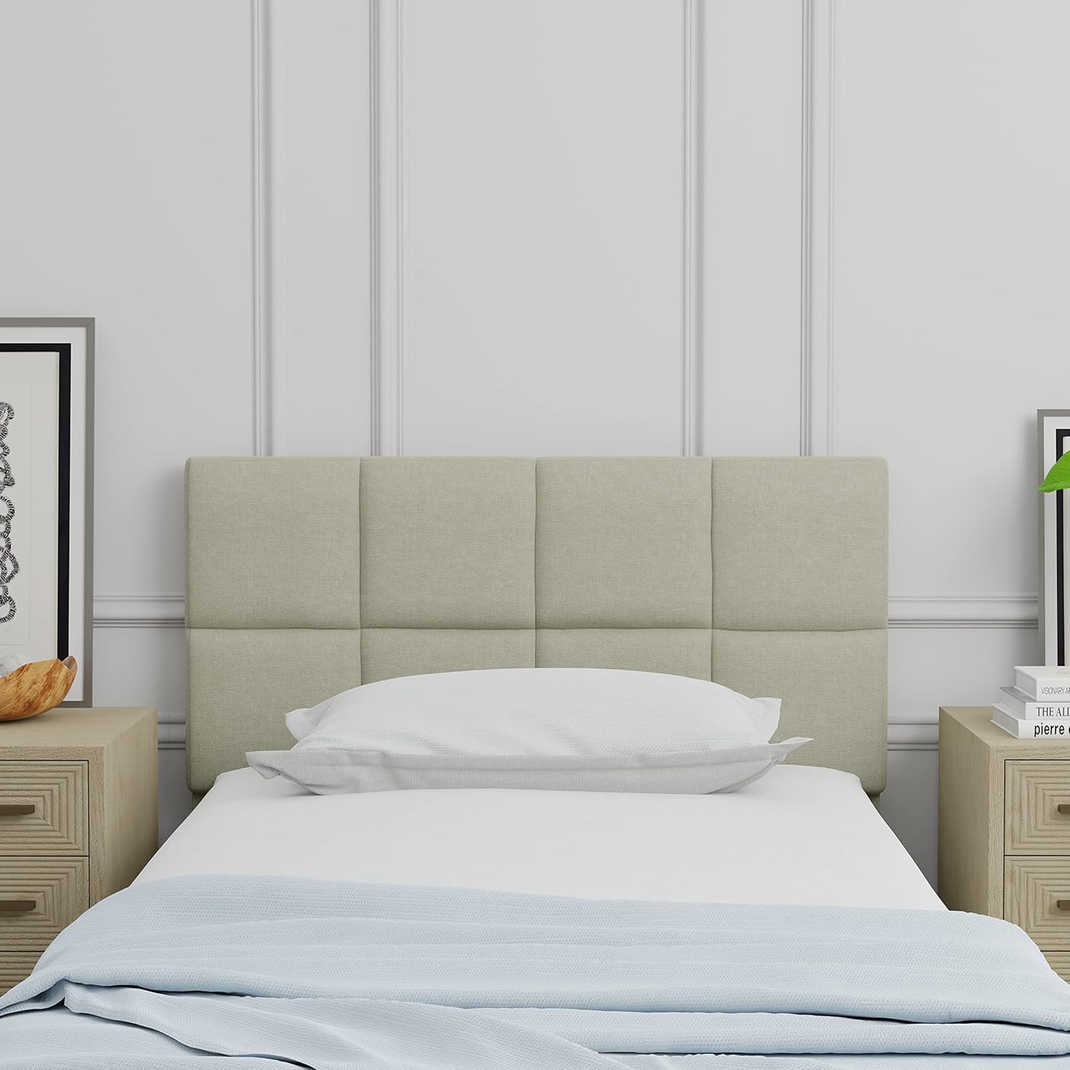 Glenwillow Home Paio – Cabecera tapizada con panel de 20 pulgadas de alto, acolchado cuadrado de 2 filas, tamaño individual, color beige